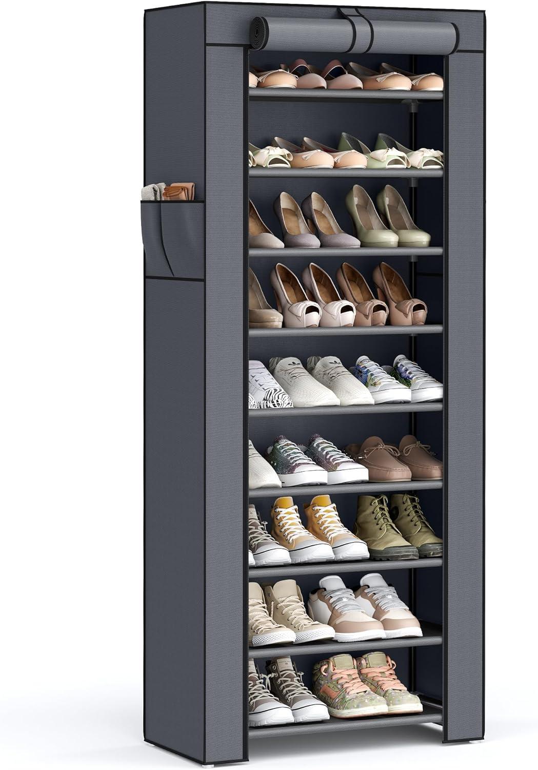 Grey 9-Tier Fabric and Metal Shoe Rack with Cover