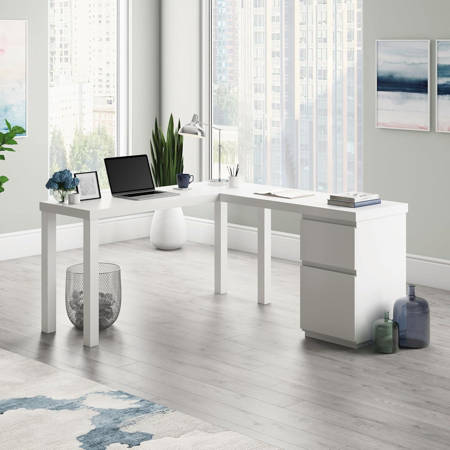 Executive White L-Shaped Desk with Filing Cabinet and Drawers