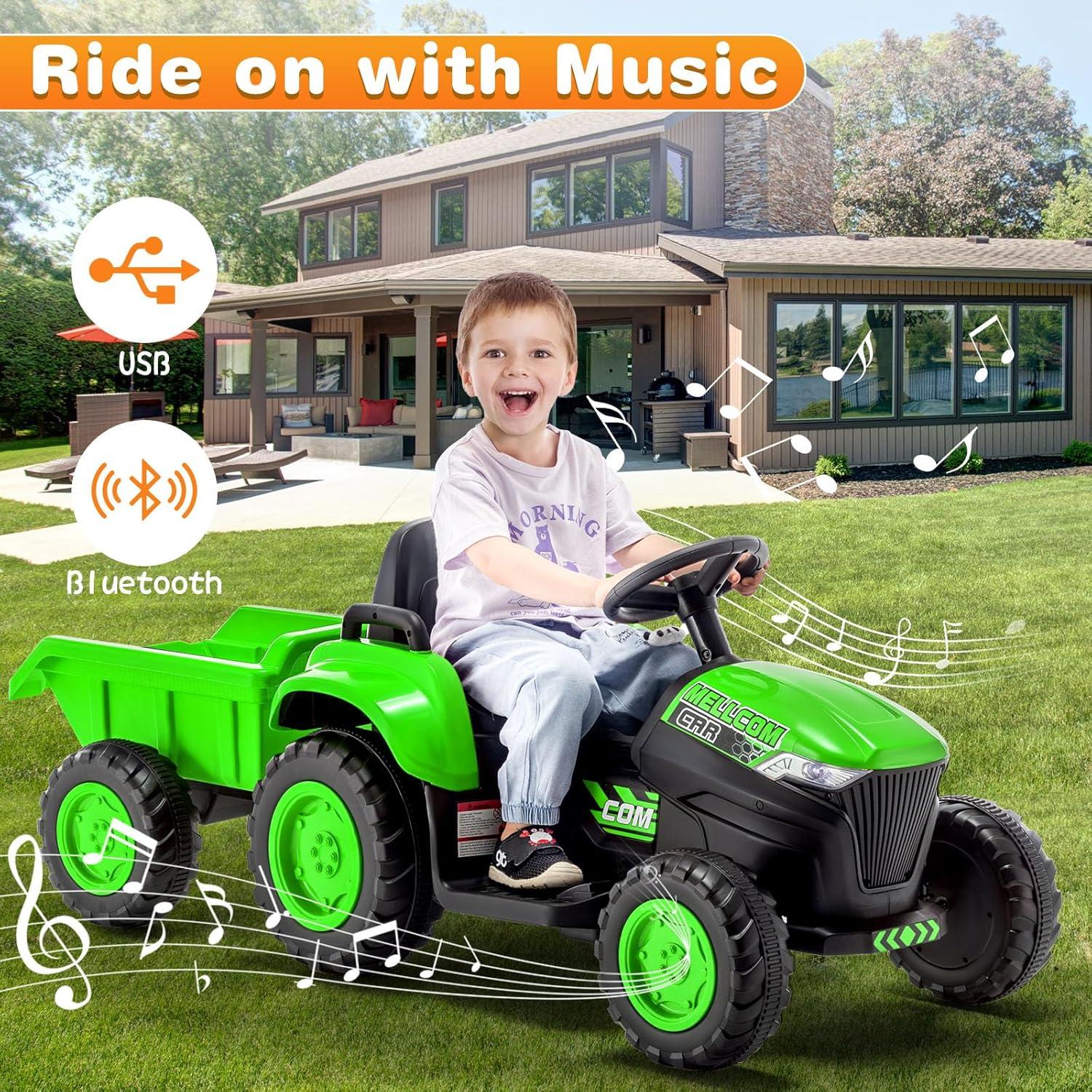 Erommy Kids Ride on Tractor with Remote Control, 12V Battery Powered Electric Tractor with 30W Dual Motors/Cool Lights/Bluetooth Music for Kids, Green