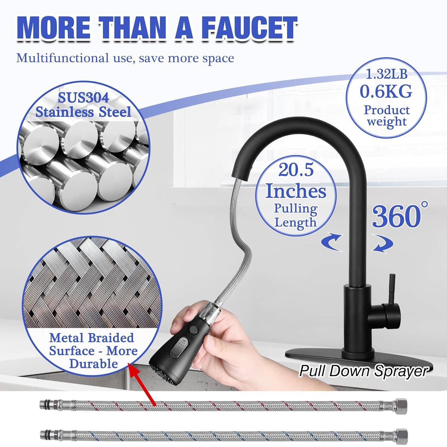 Black Kitchen Sink Faucet, Kitchen Faucet with Pull Down Sprayer, Stainless Steel Single Handle Faucet for Kitchen Sink with Deck Plate, Fitted for RV, Bar, Laundry, Apartments, Farmhouse