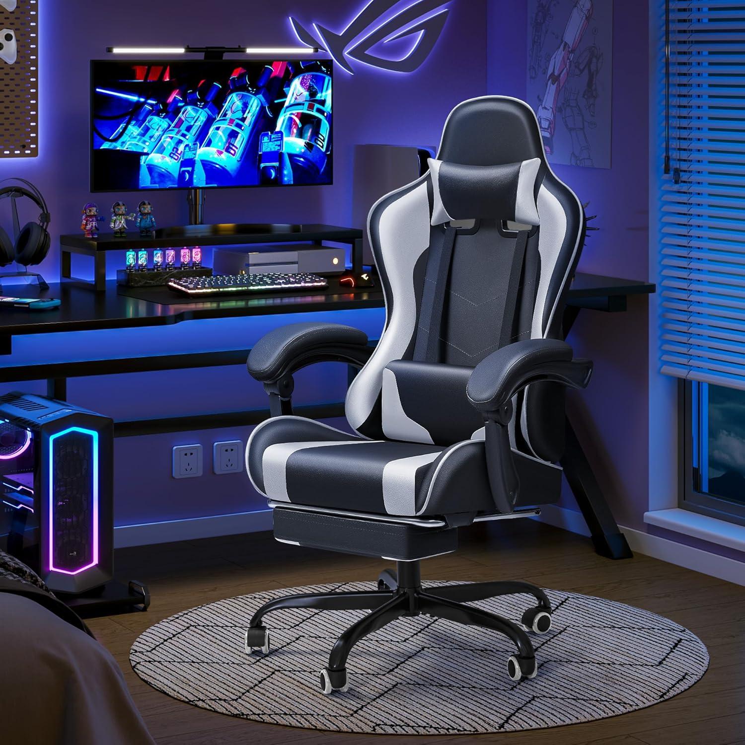 Killeryuki Gaming Chair, Video Game Chair with Footrest and Massage Lumbar Support, Ergonomic Computer Chair Height Adjustable with Swivel Seat and Headrest (White)