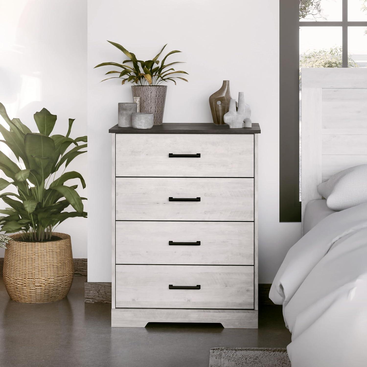 Prepac Rustic Ridge Farmhouse 4 Drawer Wooden Bedroom Dresser Washed White