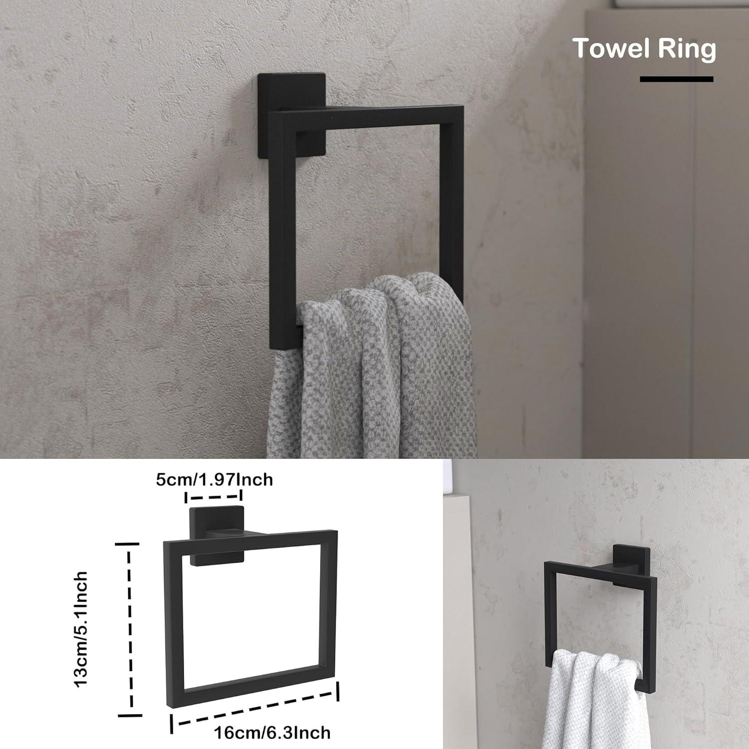 5 Pieces Square Matte Black Stainless Steel Bathroom Accessories Set Include 23.6 in Towel Bar, Toilet Paper Holder, Towel Ring, 2 Robe Towel Hooks