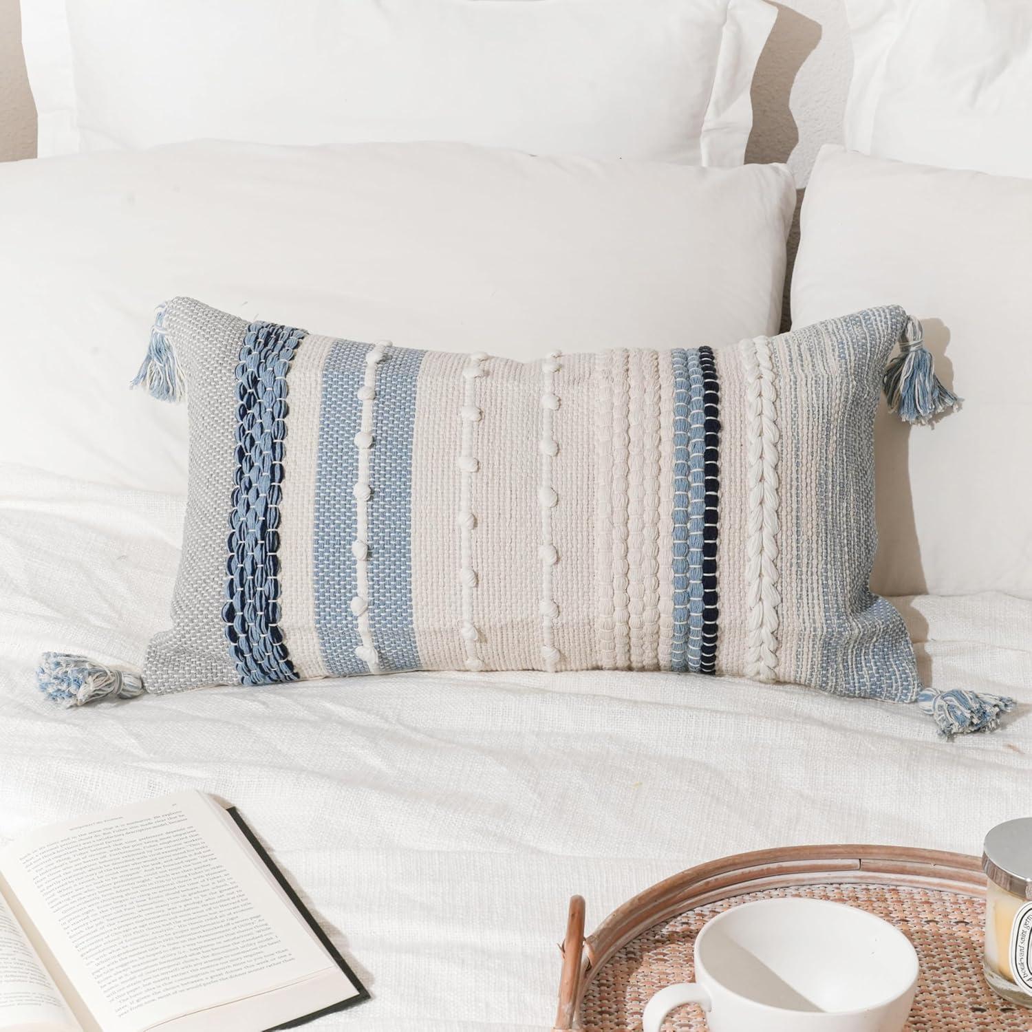Decorative Lumbar Throw Pillow Cover 14x24 Boho Coastal Blue Accent Cushion for Couch Sofa Farmhouse Pillowcase for Bedroom Living Room Home Décor Cover ONLY
