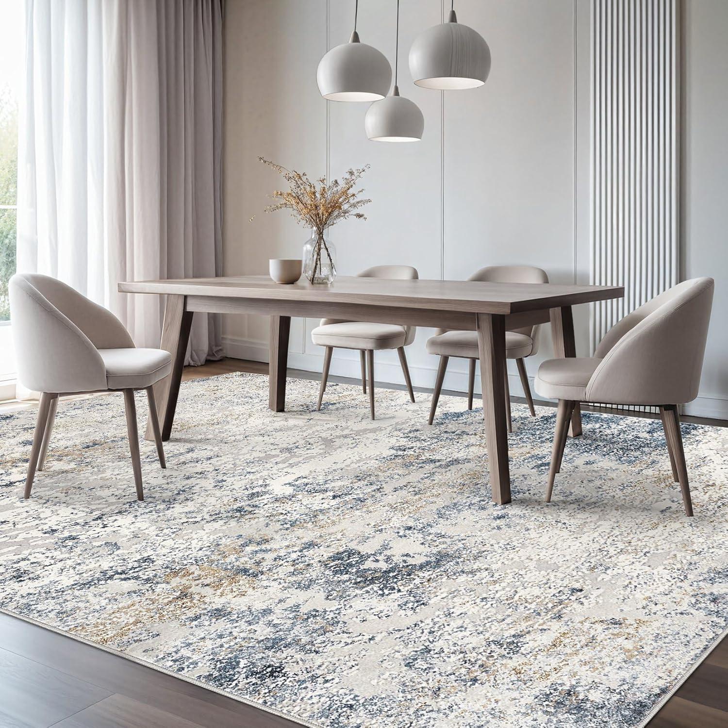 Area Rug Living Room Rugs - 5x7 Abstract Large Soft Indoor Washable Rug Neutral Modern Low Pile Carpet for Bedroom Dining Room Farmhouse Home Office - Beige Blue