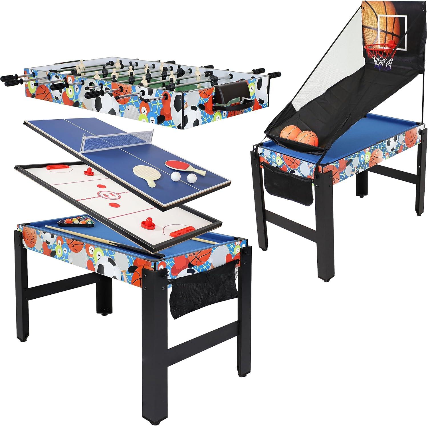 Sunnydaze Indoor Sport Collage 2-Player 5-in-1 Multi-Game Table with Billiards, Push Hockey, Foosball, Ping Pong, and Basketball - 45"