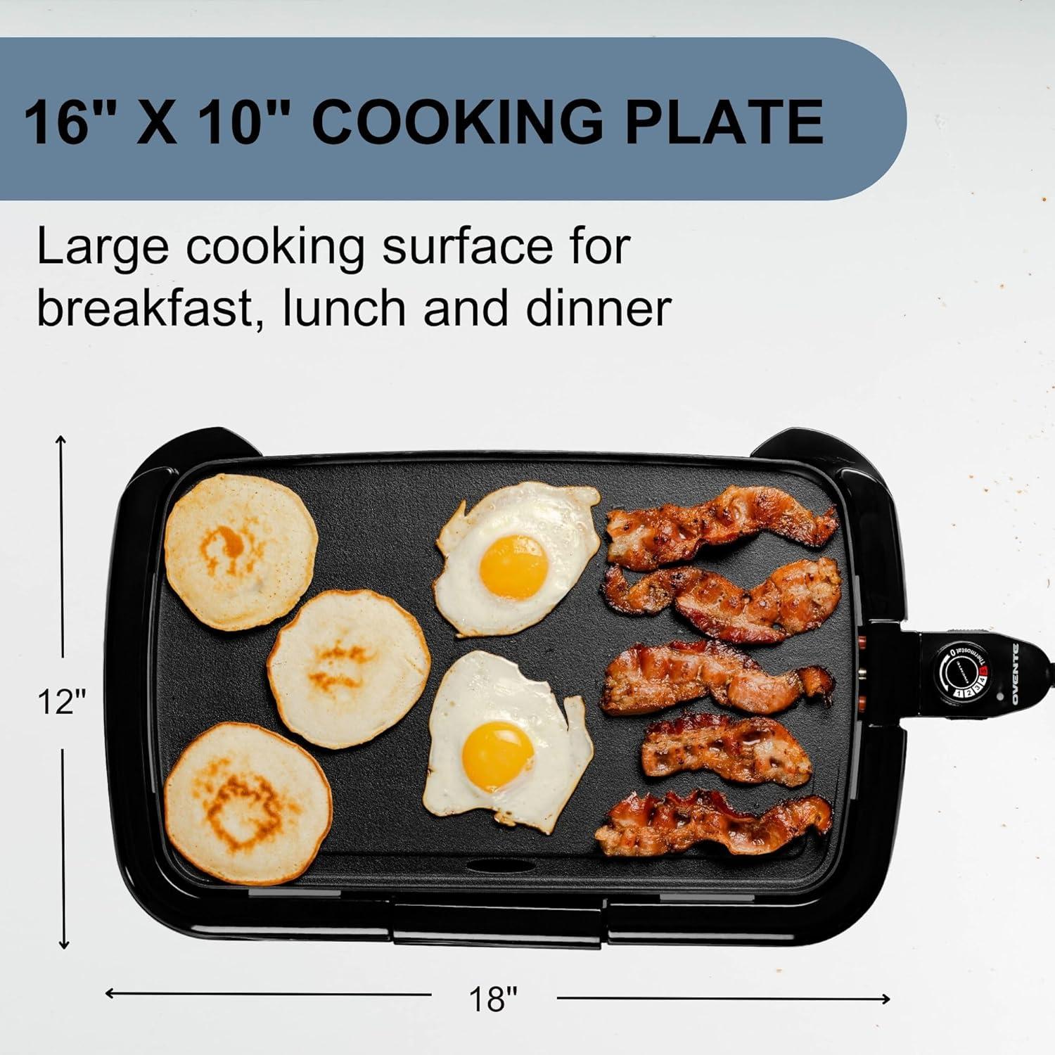 OVENTE Electric Griddle with 16" x 10" Flat Non-Stick Cooking Surface, Black GD1610B