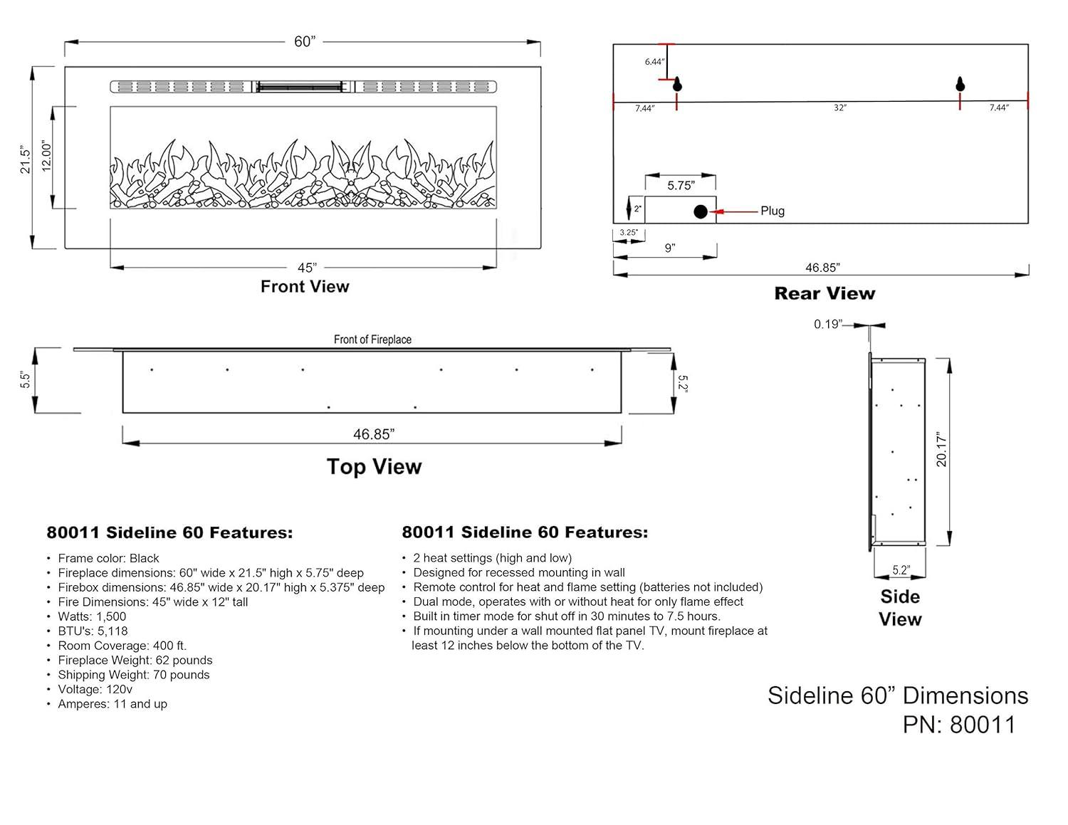 Touchstone The Sideline Electric Fireplace for Recessed or Wall Mount Installation