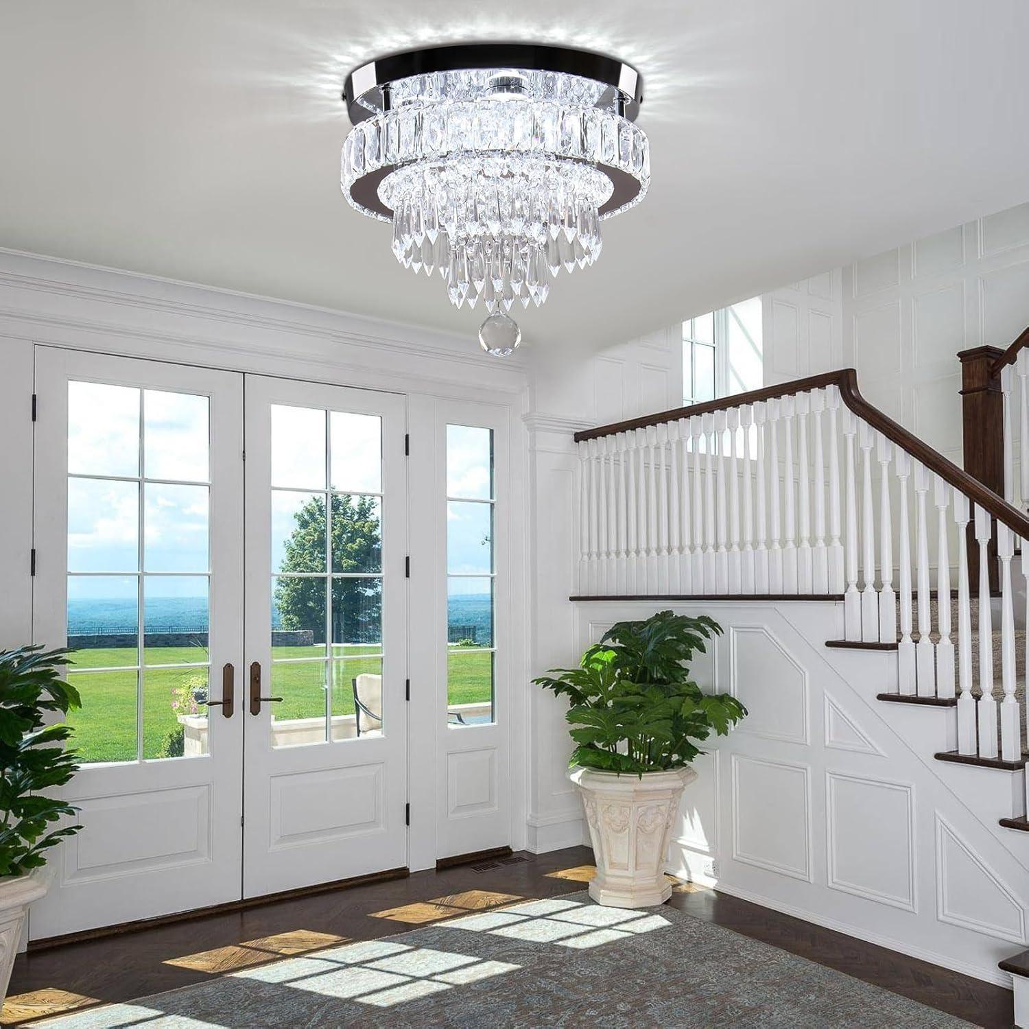 House of Hampton® House of Hampton® 11.8" Crystal Chandeliers Modern Crystal Ceiling Light LED Chandeliers Semi Flush Mount Chandelier Light for Bedrooms Dining Living Room Hallway (6500K Cool White Light)