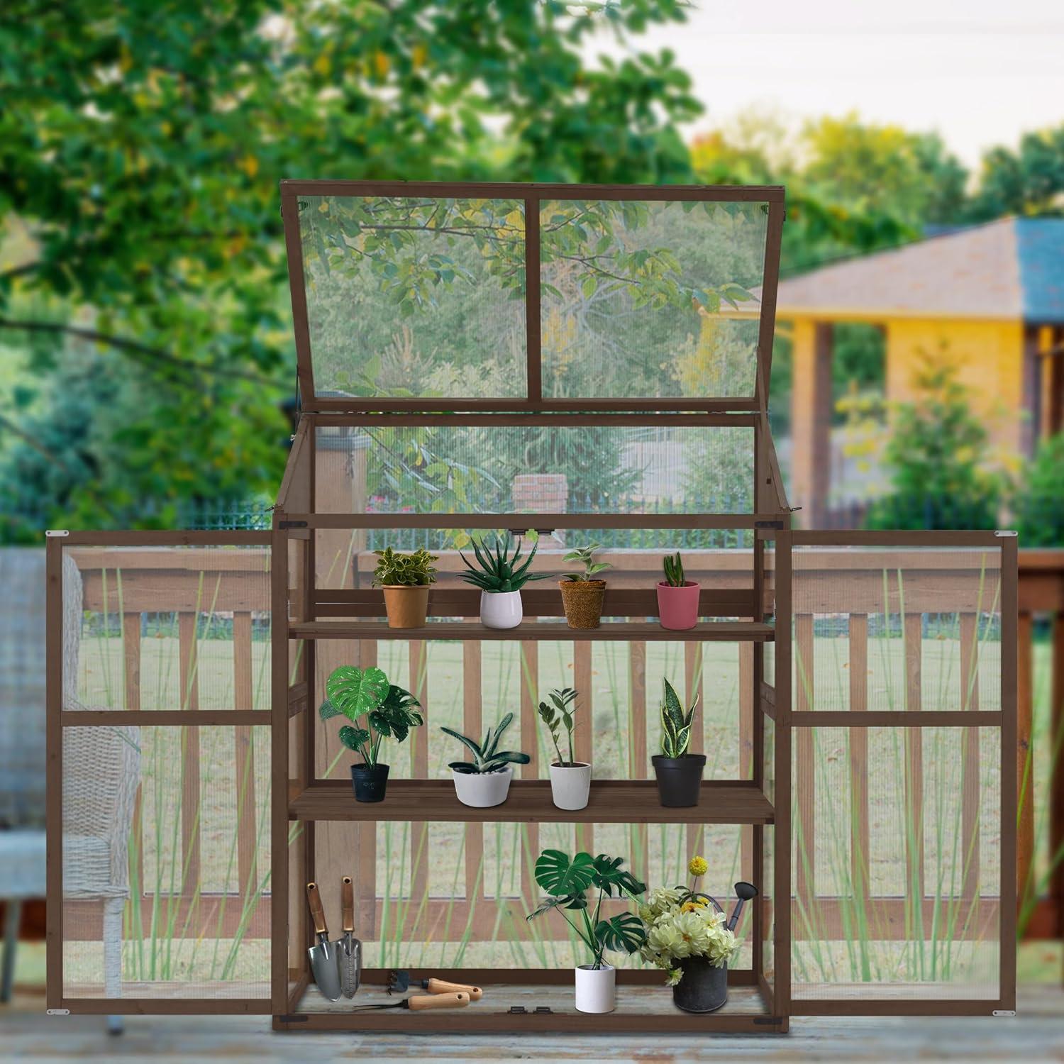 Large Brown Fir Wood Cold Frame Greenhouse with Adjustable Shelves