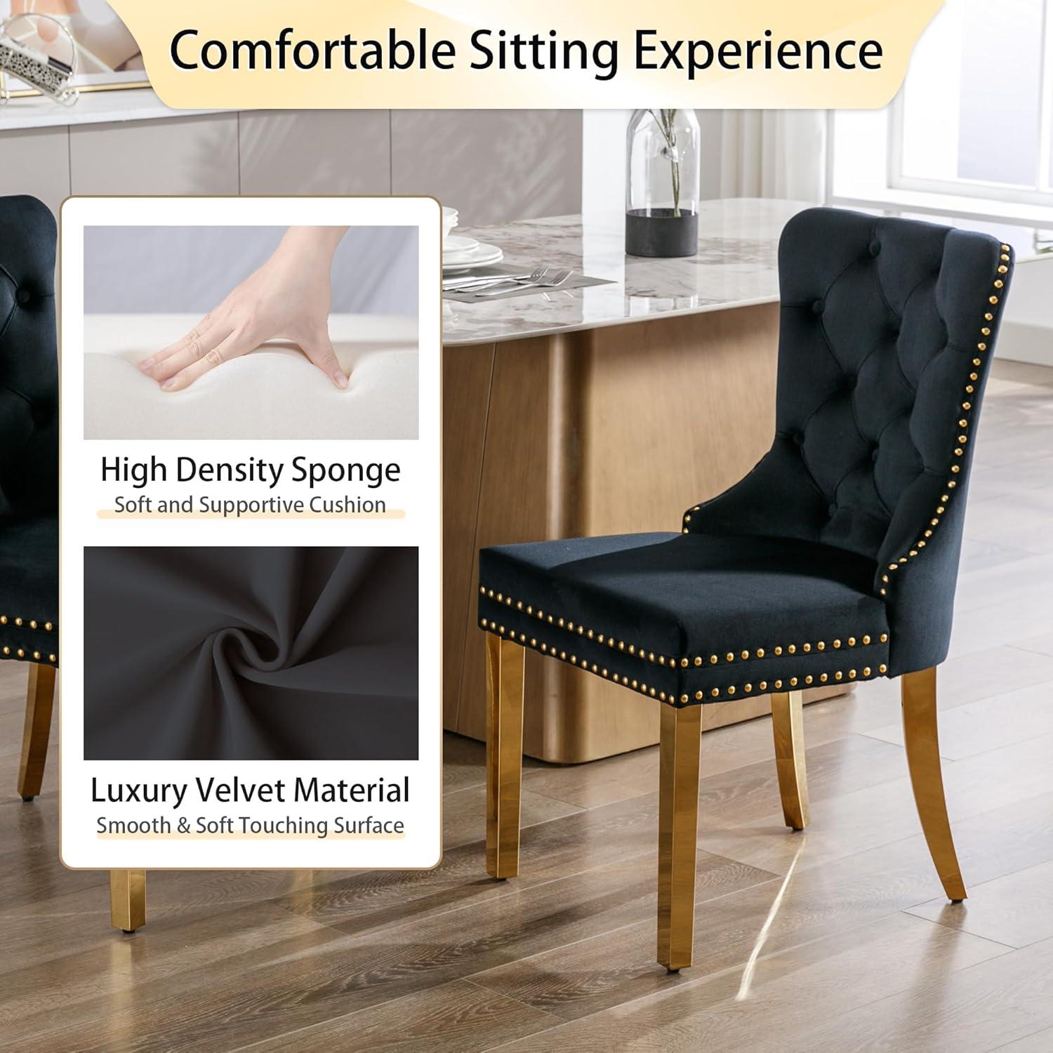 LegaHome Dining Chairs Set of 2, Modern Upholstered Velvet Dining Room Chairs with Nailhead Trim and Golden Stainless Steel Plating Solid Wood Legs, Tufted Button Padded Chairs Set for Kitchen, Black