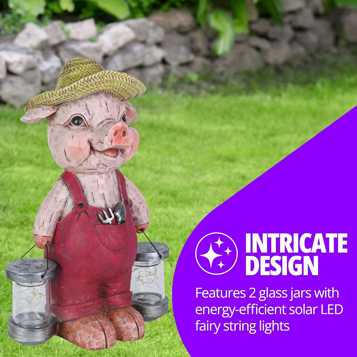 Rustic Farmhouse Pig Garden Statue with Solar LED Lights
