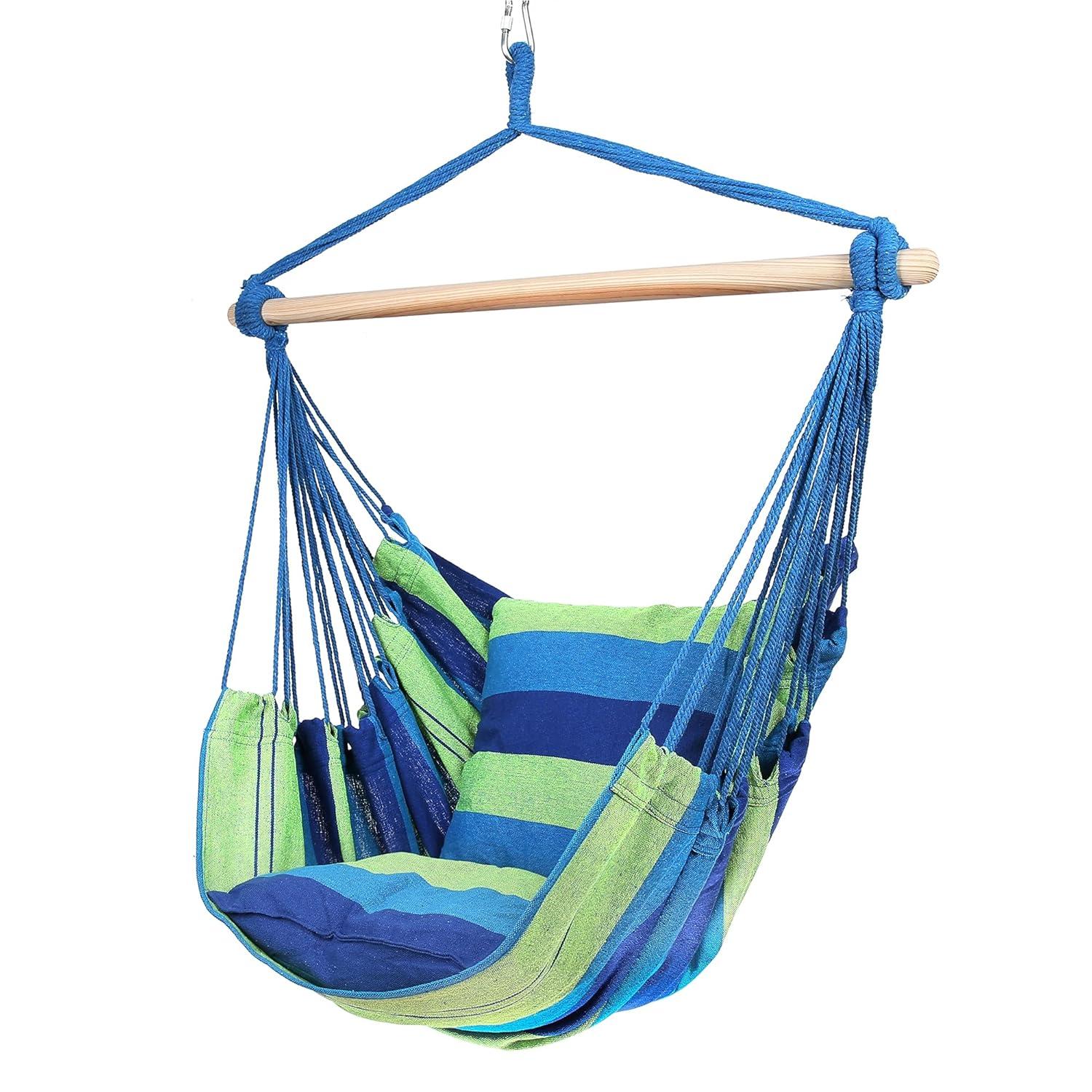 Blissun Hanging Hammock Chair, Hanging Swing Chair with Two Cushions, 34 Inch Wide Seat Blue & Green Stripes (Seaside Stripe)
