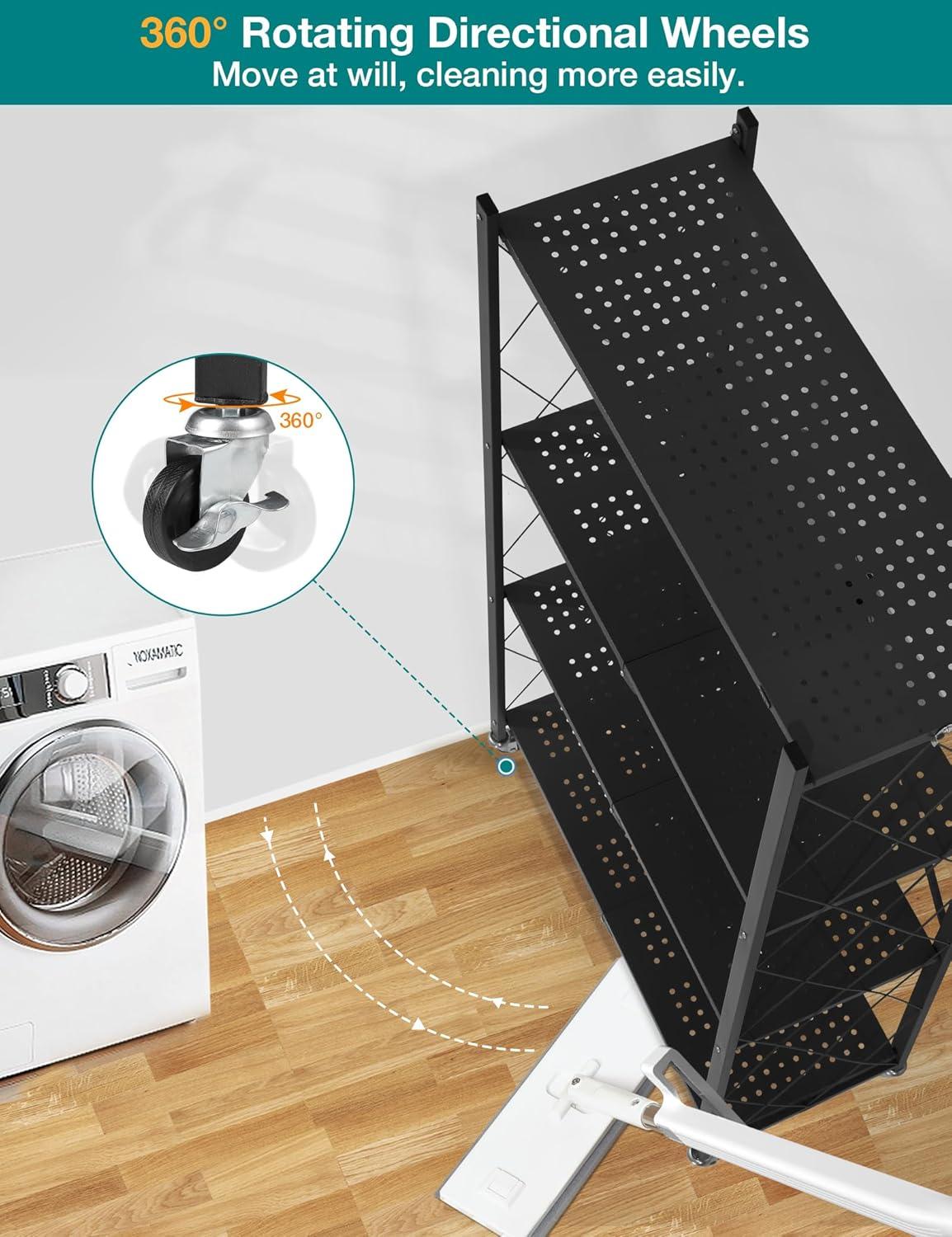 3-Tier Storage Shelves with Wheels, Folding Bookshelf No Assembly, Metal Display Shelf for Balcony, Kitchen, Basement, Pantry, White