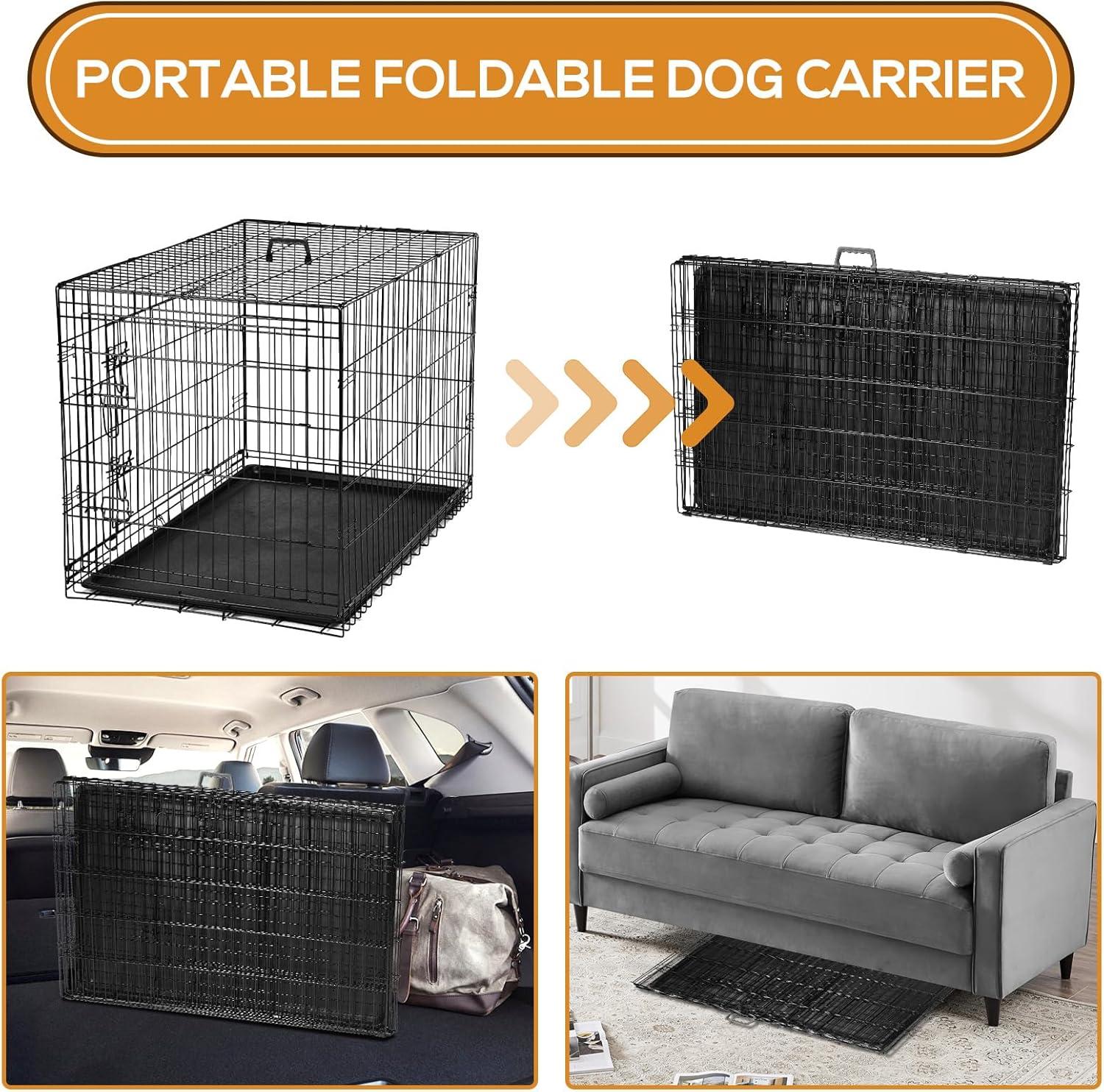 EDX Small Dog Crate with Divider Panel, 24" Double Door Folding Metal Wire Dog Cage with Plastic Leak-Proof Pan Tray