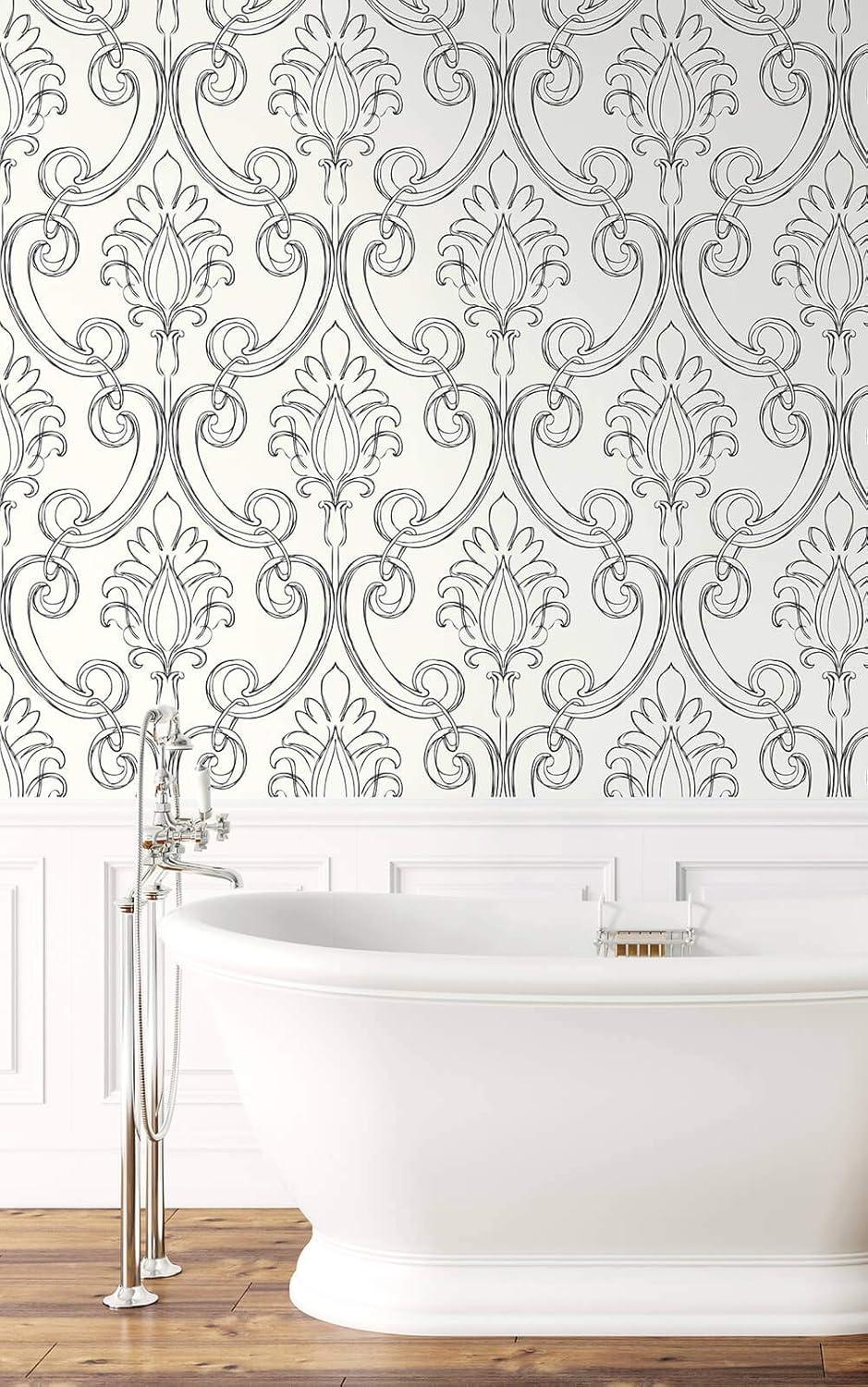 Ebony and White Damask Peel and Stick Wallpaper