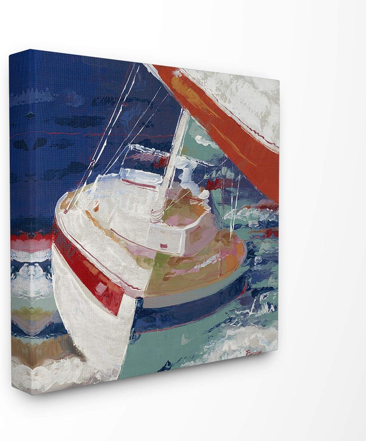 The Stupell Home Decor Collection Red White and Blue Sailboat Rocking in the Ocean Close Up Painting XL Stretched Canvas Wall Art, 30 x 1.5 x 30