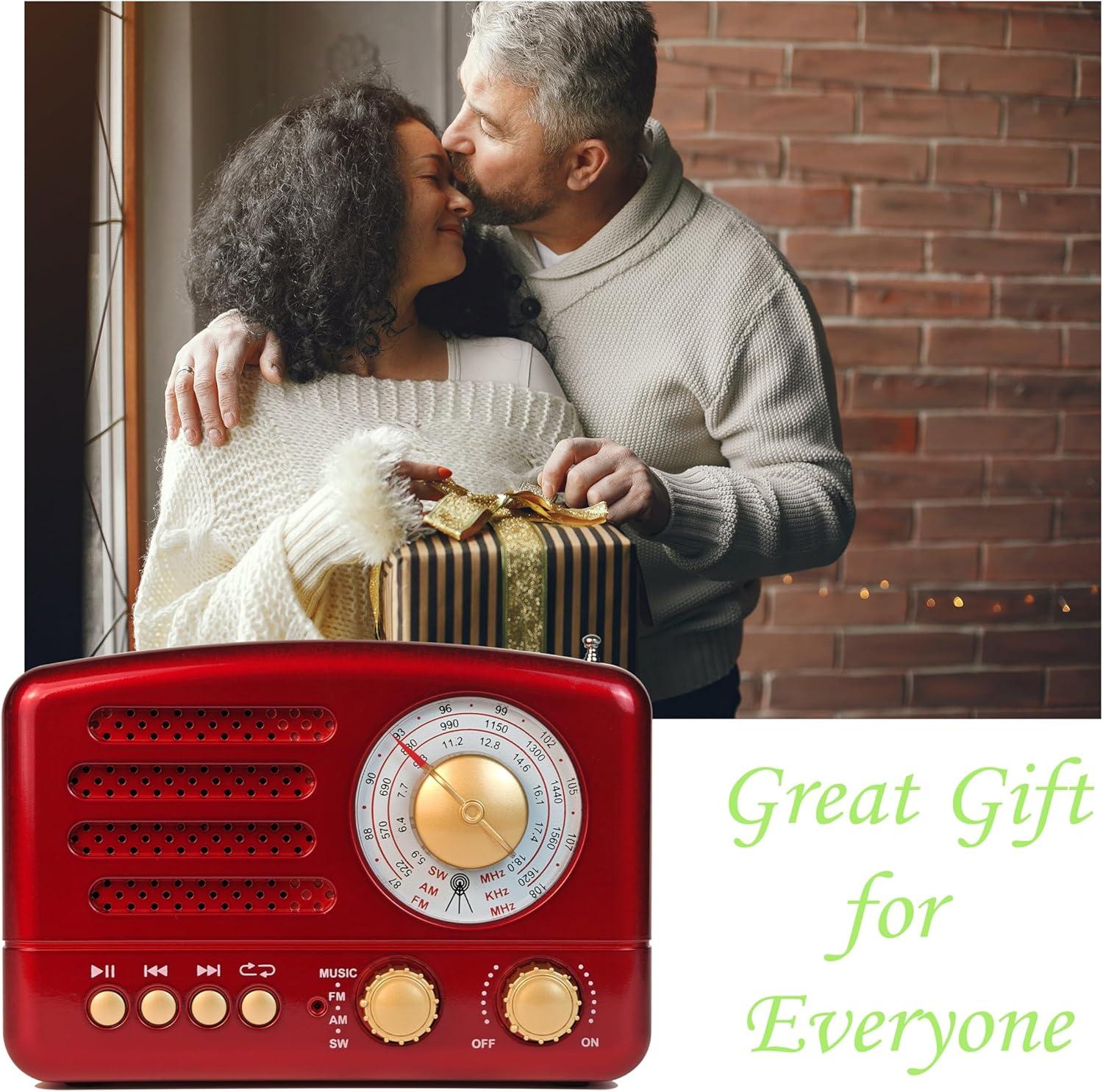 Retro Portable AM/FM Vintage Radio with Bluetooth, Transistor Radio Receiver, Rechargeable Battery, Support TF Card, AUX, USB, MP3 Player for Elder (Red)