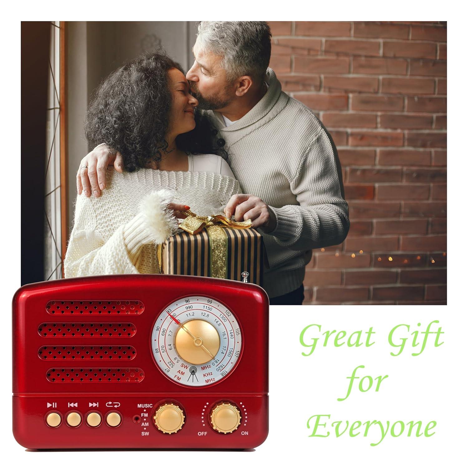 Retro Portable AM/FM Vintage Radio with Bluetooth, Transistor Radio Receiver, Rechargeable Battery, Support TF Card, AUX, USB, MP3 Player for Elder (Red)