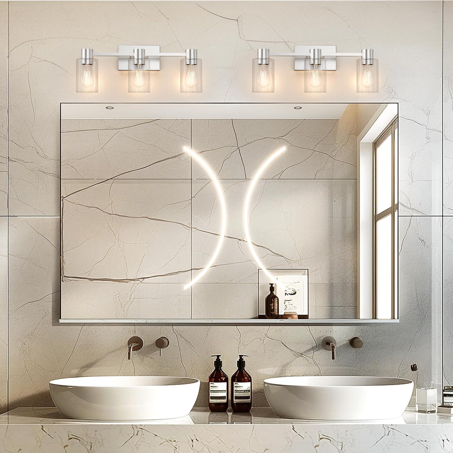 3-Light Brushed Nickel Wall Sconces for Bathroom, Modern Vanity Light Fixtures Over Mirror, Wall Lamp with Clear Glass Shade, E26 Wall Sconces Over Mirror for Bathroom, Living Room, Hallway