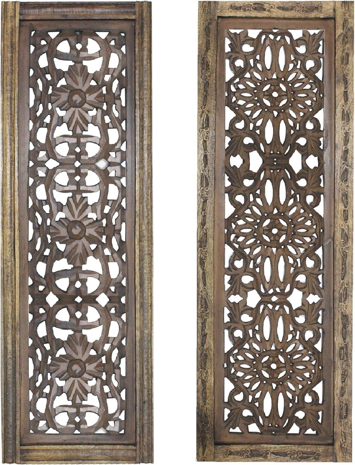 Rustic Brown Hand Carved Wooden Wall Panels, Set of Two