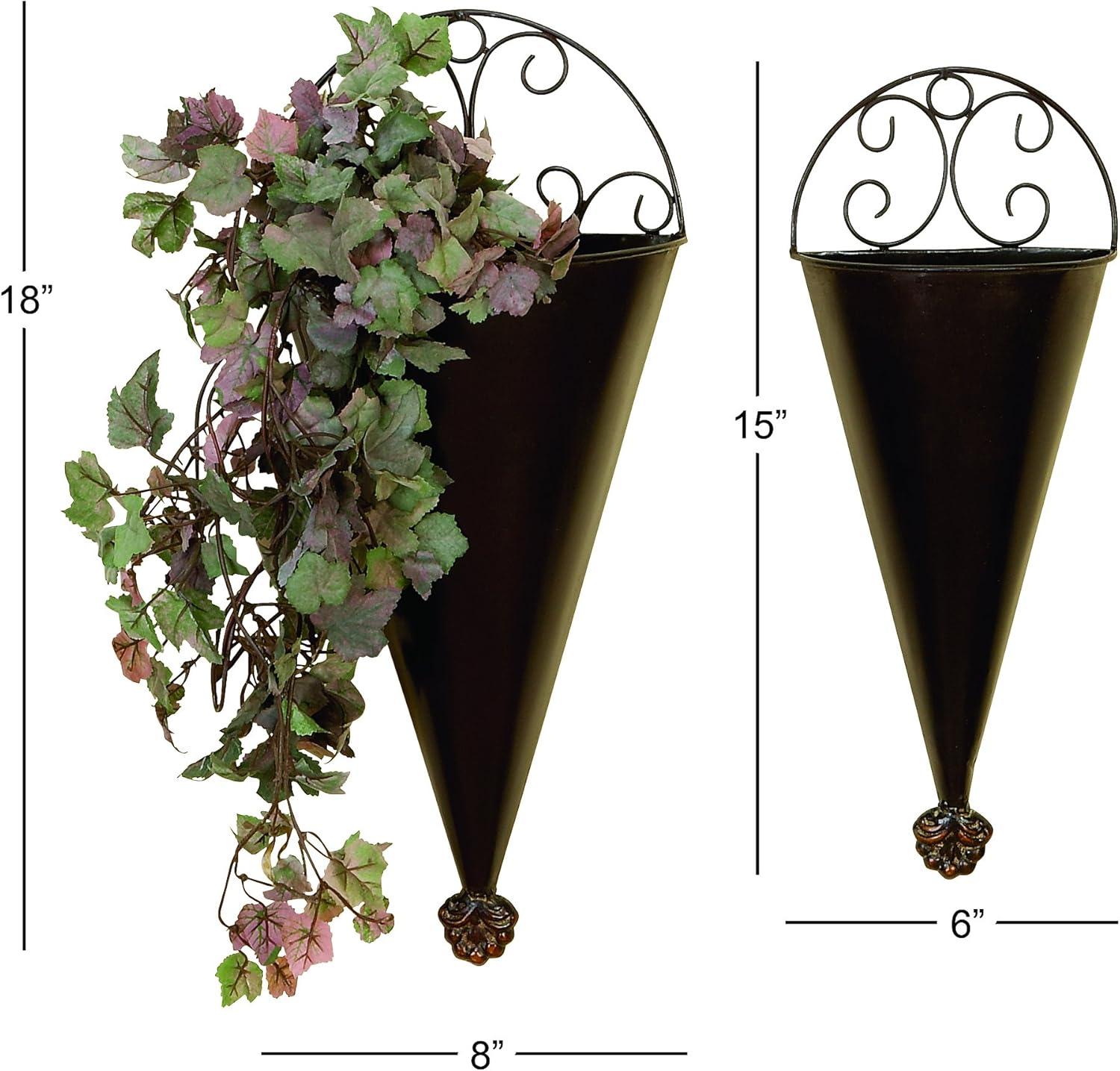 Set of 2 Black Metal Cone Scroll Wall Planters