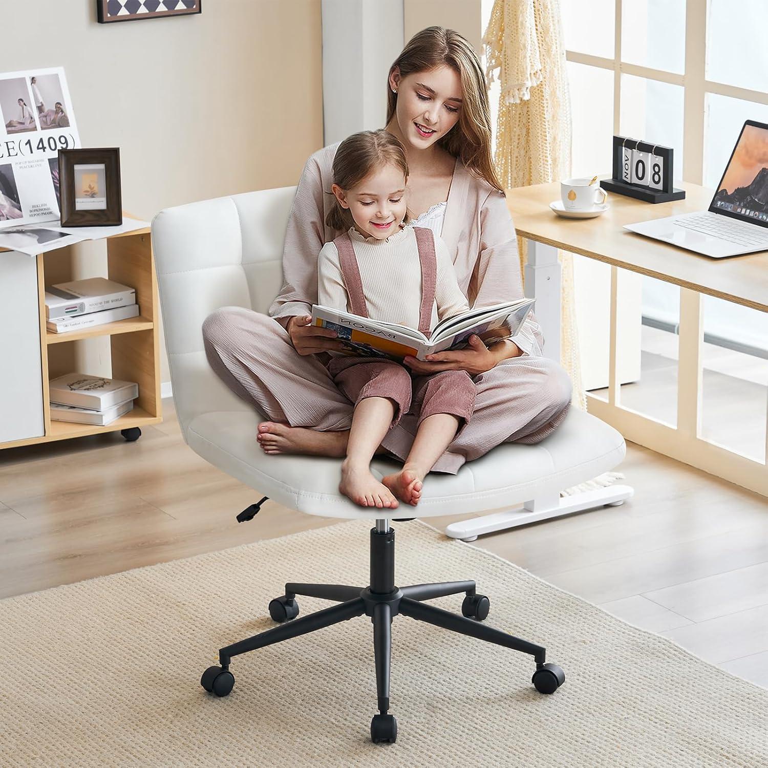 Modern Armless Home Office Chair Wide Desk Chair with Wheels Swivel Task Chair for Home Office, Bedroom. PU-Ivorywhite