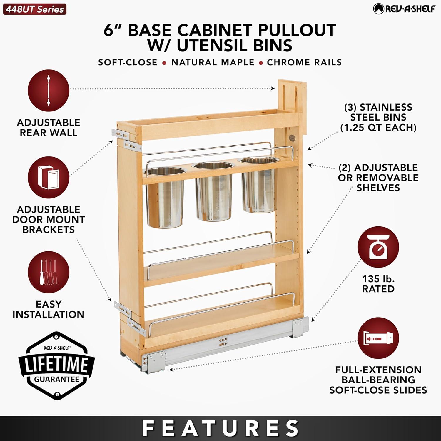 Rev-A-Shelf 448UT-BCSC 448UT Series Kitchen Utensil Pull Out Cabinet Organizer with Shelves and Soft-Close Slides for Kitchen Base Cabinets