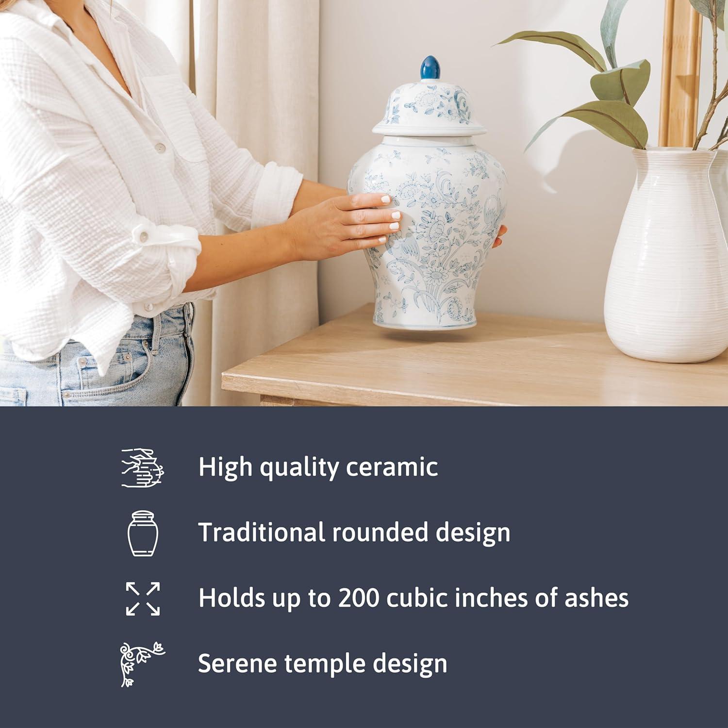 OneWorld Memorials Ceramic Cremation Urn for Adult Human - Large Memorial - Holds Up to 200 Cubic Inches of Ashes - Blue Bird Ceramic Funeral Urns