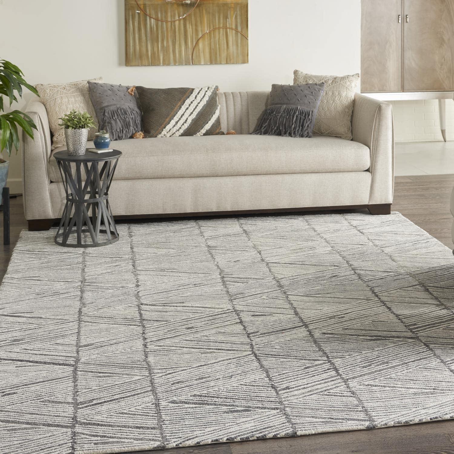 Artisanal Grey and White Hand-Tufted Wool Rectangular Area Rug, 8'3" x 11'6"