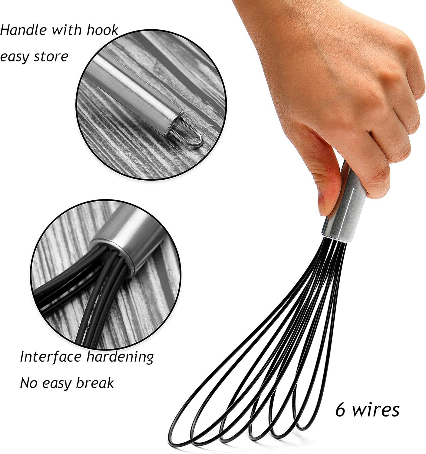 Flat Whisks Stainless Steel,3 Pack 10''+11''+12'' Set Premium Sturdy-6 Silicone Heads Non Stick Wires Whisk for Blending Beating Stirring Kitchen Cooking Color Grey