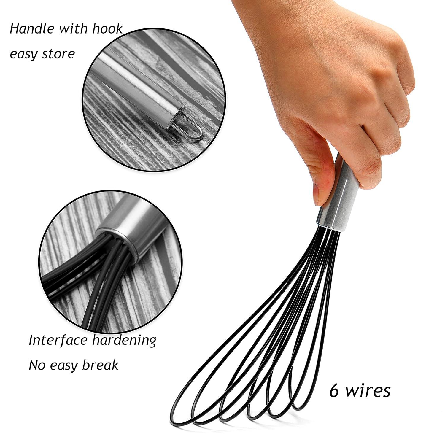 Flat Whisks Stainless Steel,3 Pack 10''+11''+12'' Set Premium Sturdy-6 Silicone Heads Non Stick Wires Whisk for Blending Beating Stirring Kitchen Cooking Color Grey