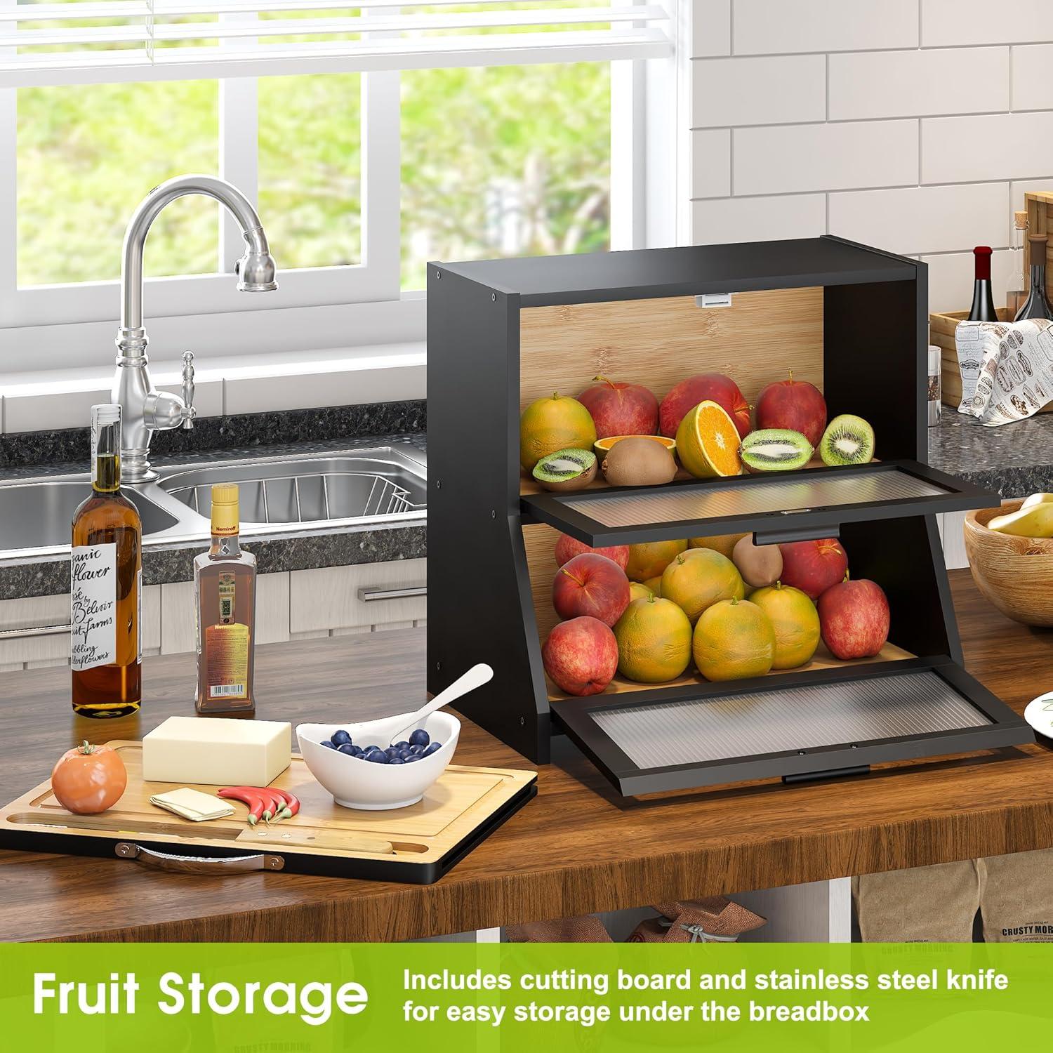 Prep & Savour Large Bread Box For Kitchen Counter, Bamboo Wooden Double Layer Large Capacity Bread Storage Bin With Acrylic Wavy Door Panel (Natural + Cutting Board)