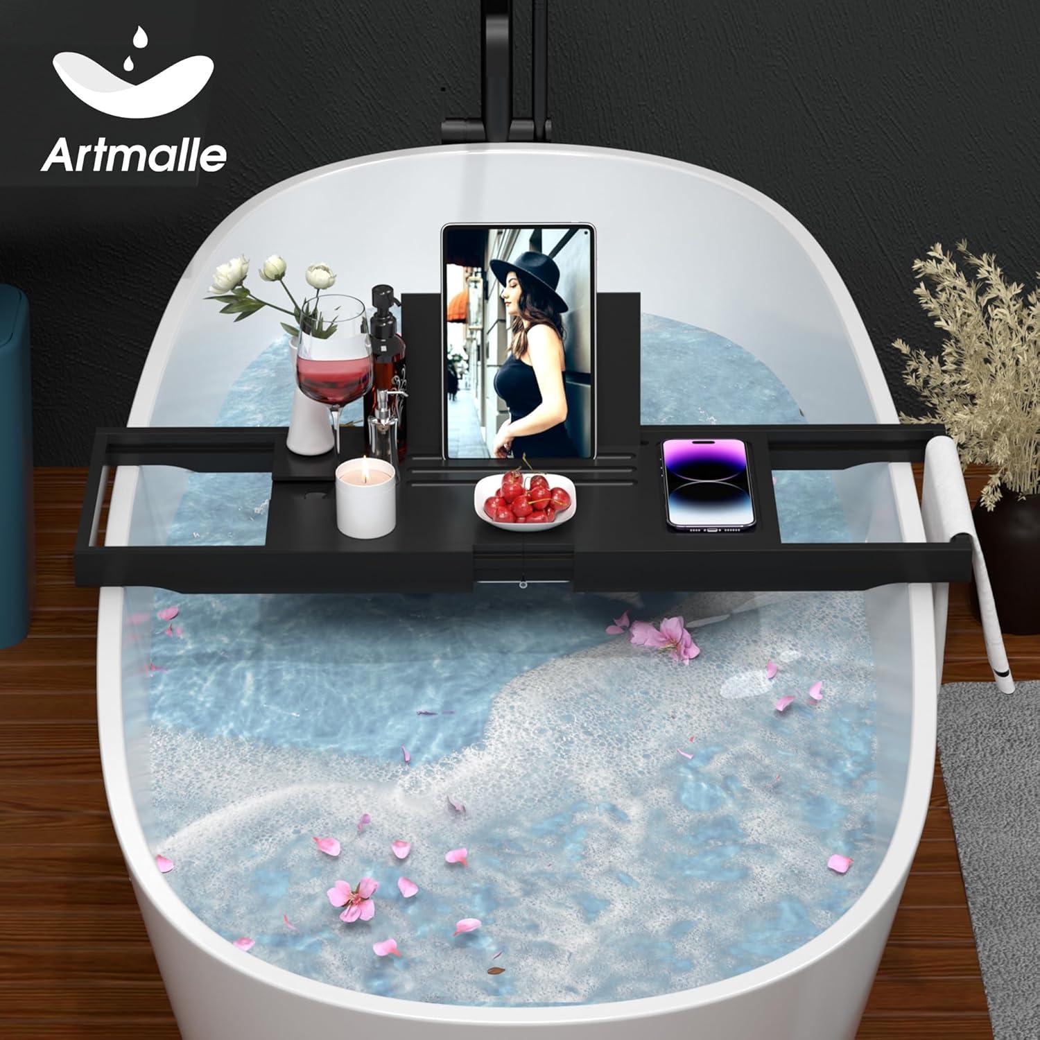 Artmalle Foldable Bathtub Tray for Tub, Bamboo Bathtub Caddy Tray Table with Book Stand for Luxury Bath, Bathroom Accessories for Women Men with Free Soap Dish (Semi-Simple, Natural) (Natural)