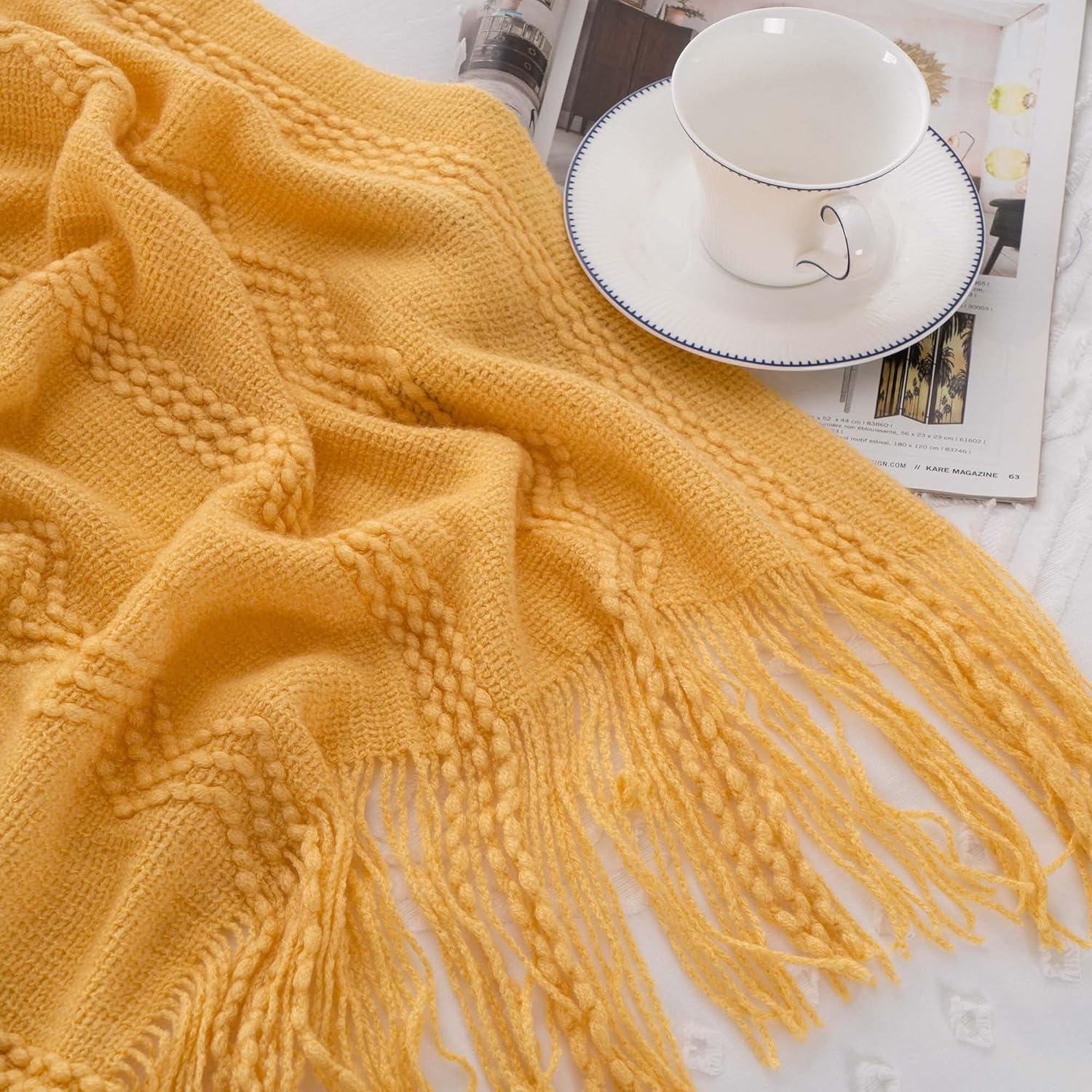 Battilo Throw Blanket, Knitted Yellow Geometric Throws, 50" x 60"