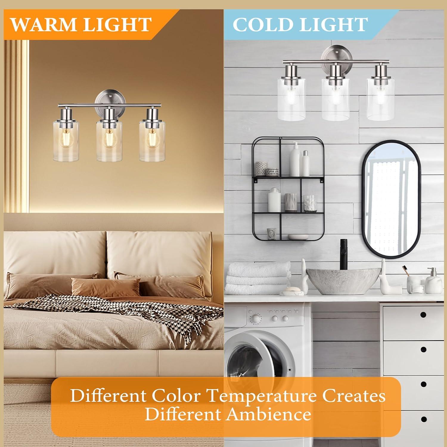 Vanity Wall Light Fixtures, Modern 3 Lights Wall Sconce with Clear Glass Shade, Brushed Nickel Farmhouse Wall Lamp for Bathroom Mirror Kitchen Porch Living Room Workshop (E26 Base)