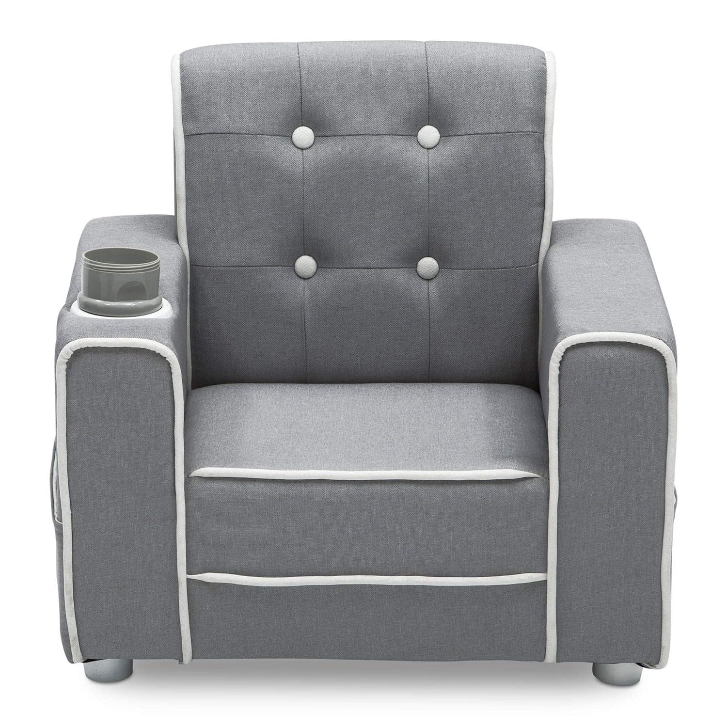 Chelsea Light Grey and White Upholstered Kids Chair with Cup Holder