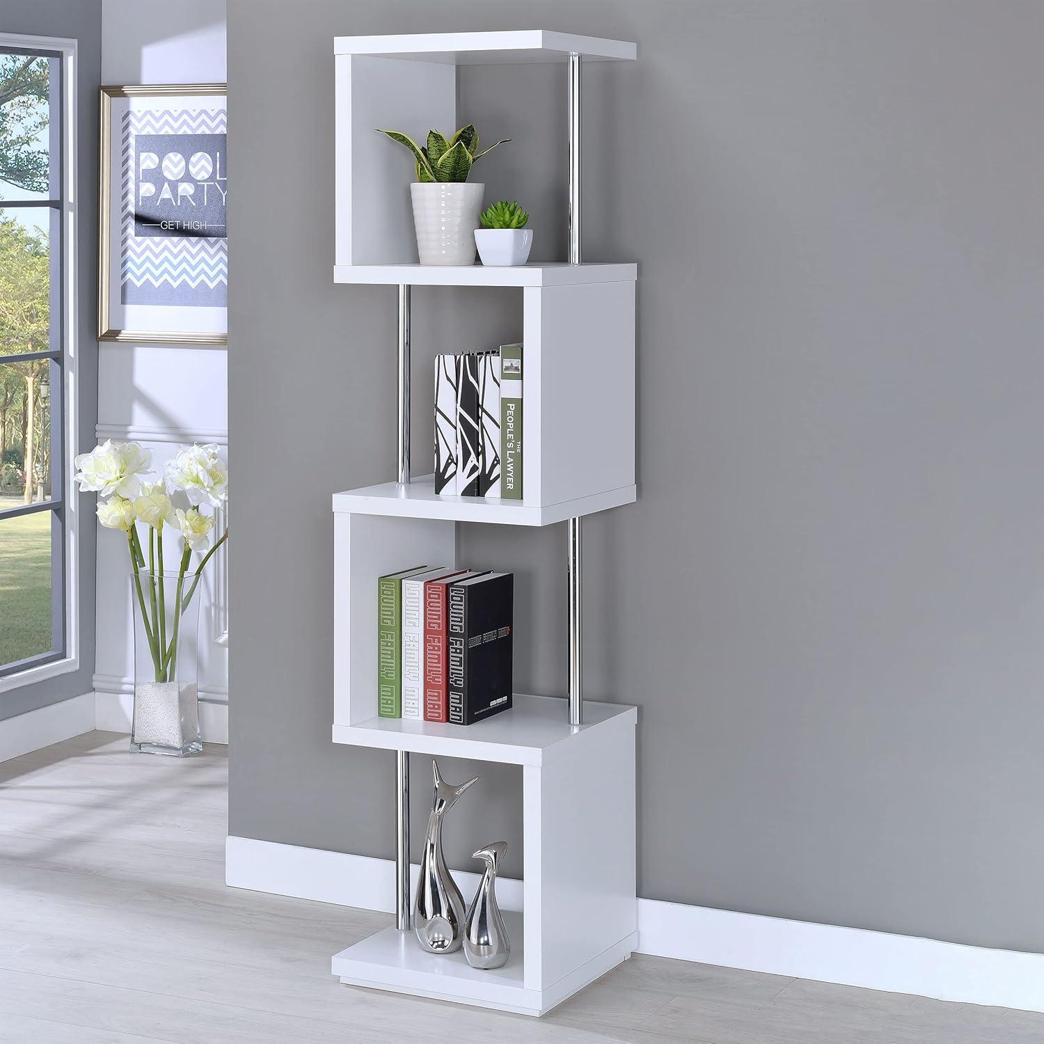66.5" Baxter 4 Shelf Zig Zag Bookcase with Chrome Details White - Coaster: Modern Laminated Storage Display