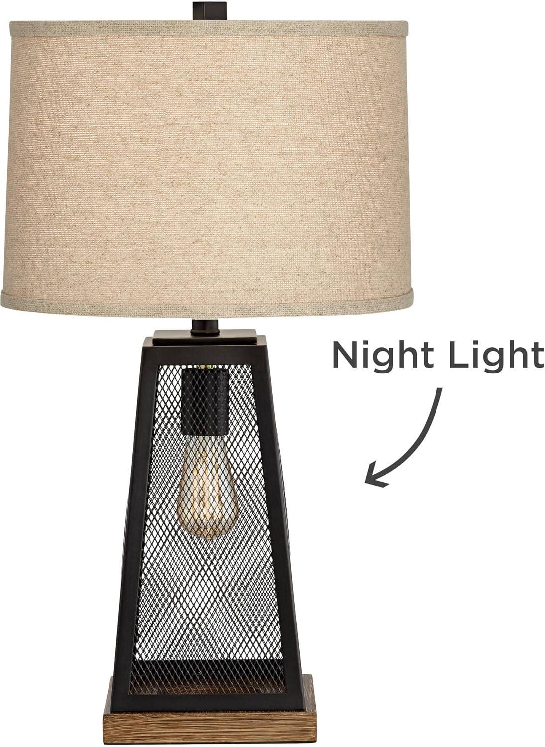 Franklin Iron Works Barris Industrial Table Lamp 26 3/4" High Metal Mesh with Nightlight LED USB Charging Port Burlap Shade for Living Room House Desk