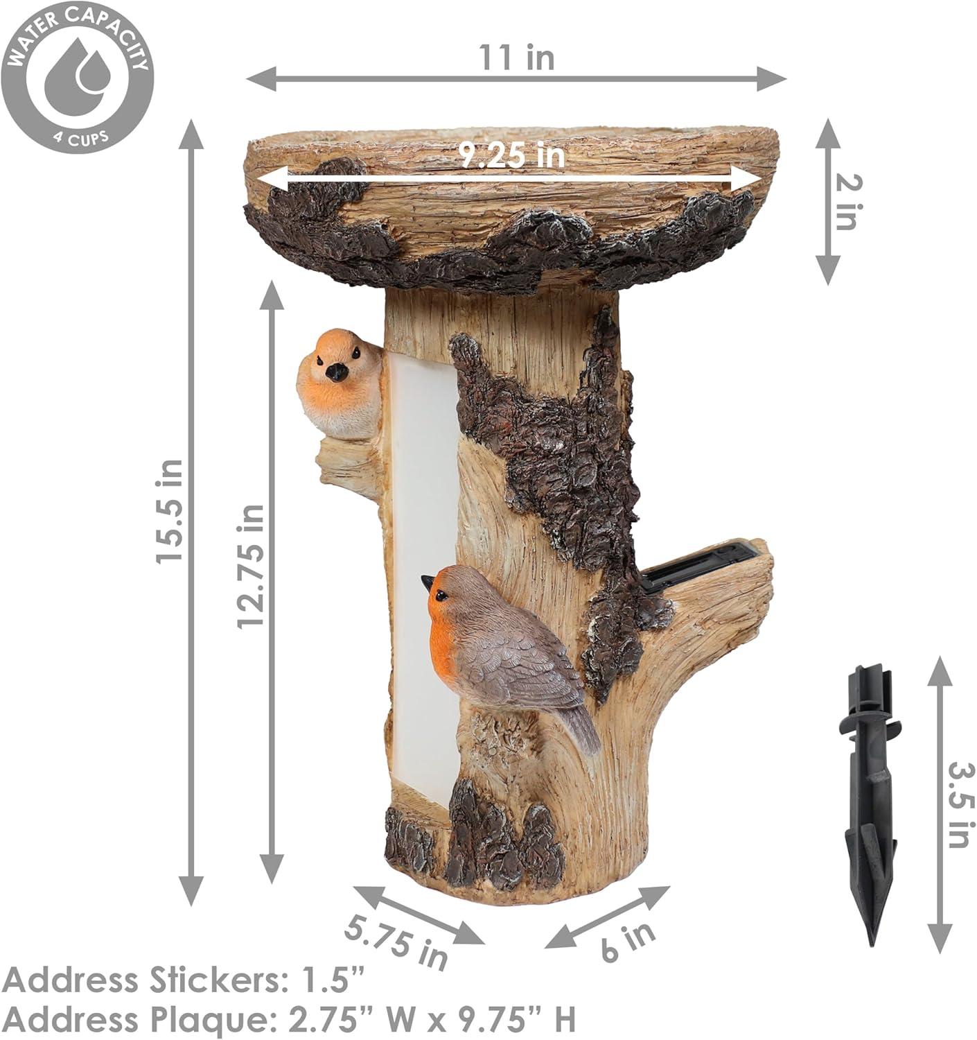 Rustic Brown Polyresin Tree Stump Bird Bath with Solar LED Address Plate