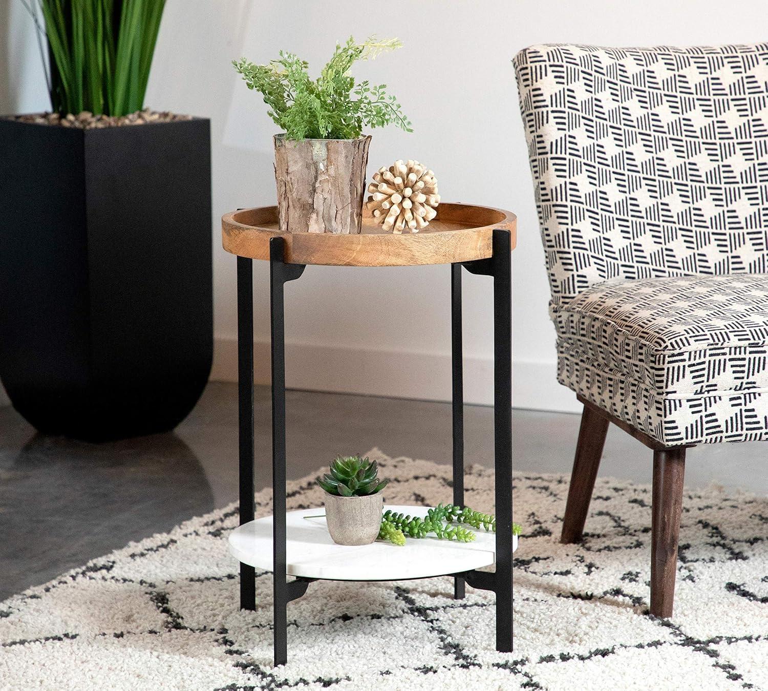 Round Accent Table with Marble Shelf Natural and Black