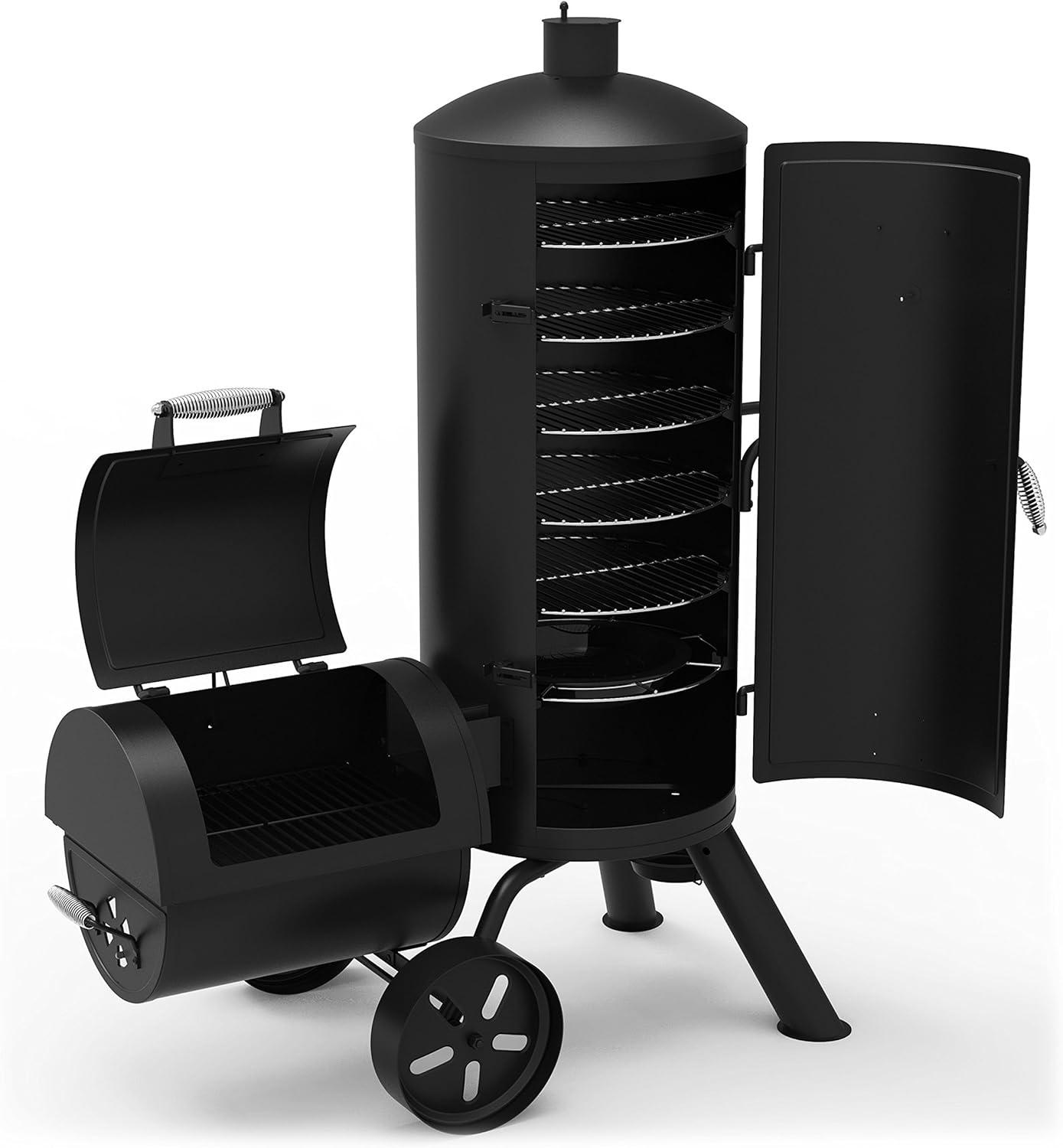 Heavy-Duty Black Steel Vertical Offset Charcoal Smoker & Grill