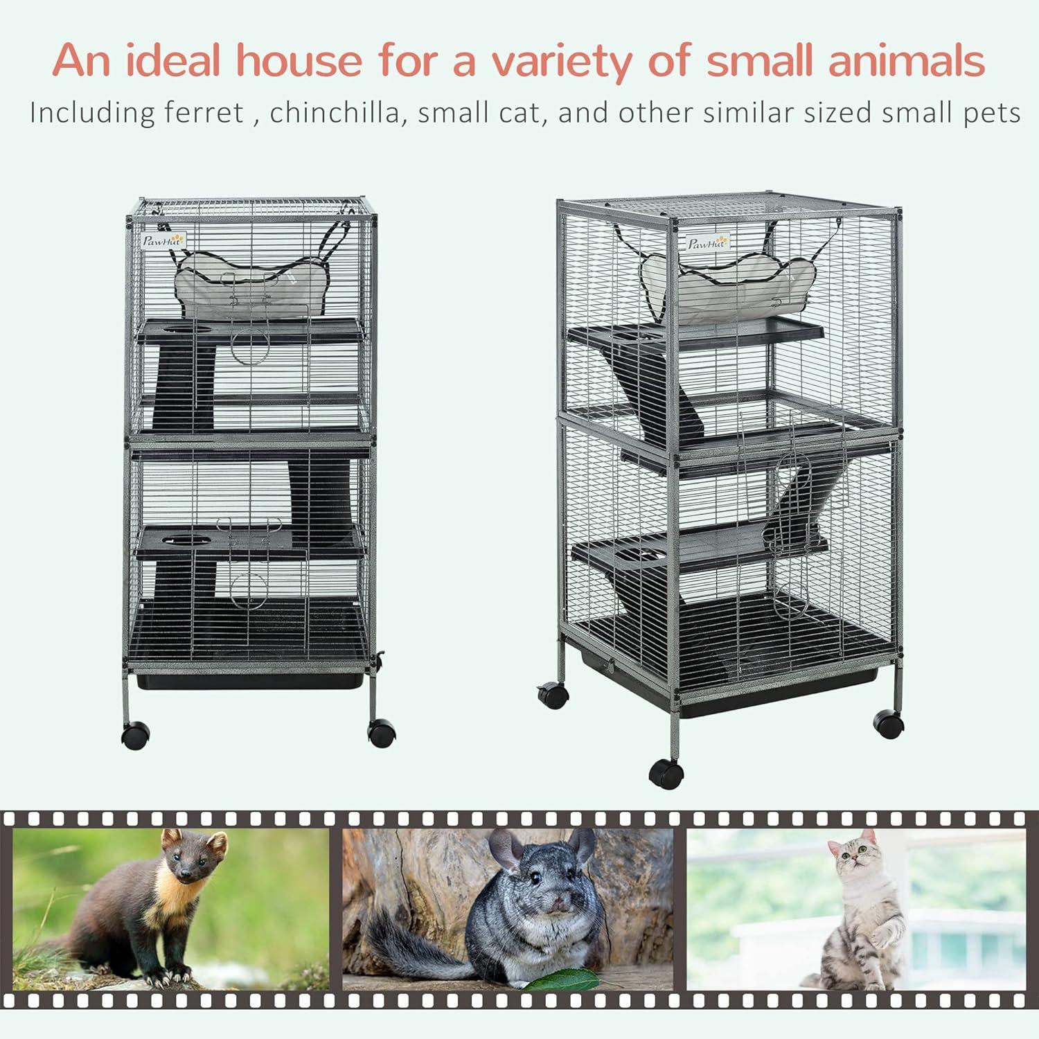 Pawhut Rolling Small Animal Cage for Rabbits, Chinchillas and Hamsters with 4 Platforms and Removable Tray