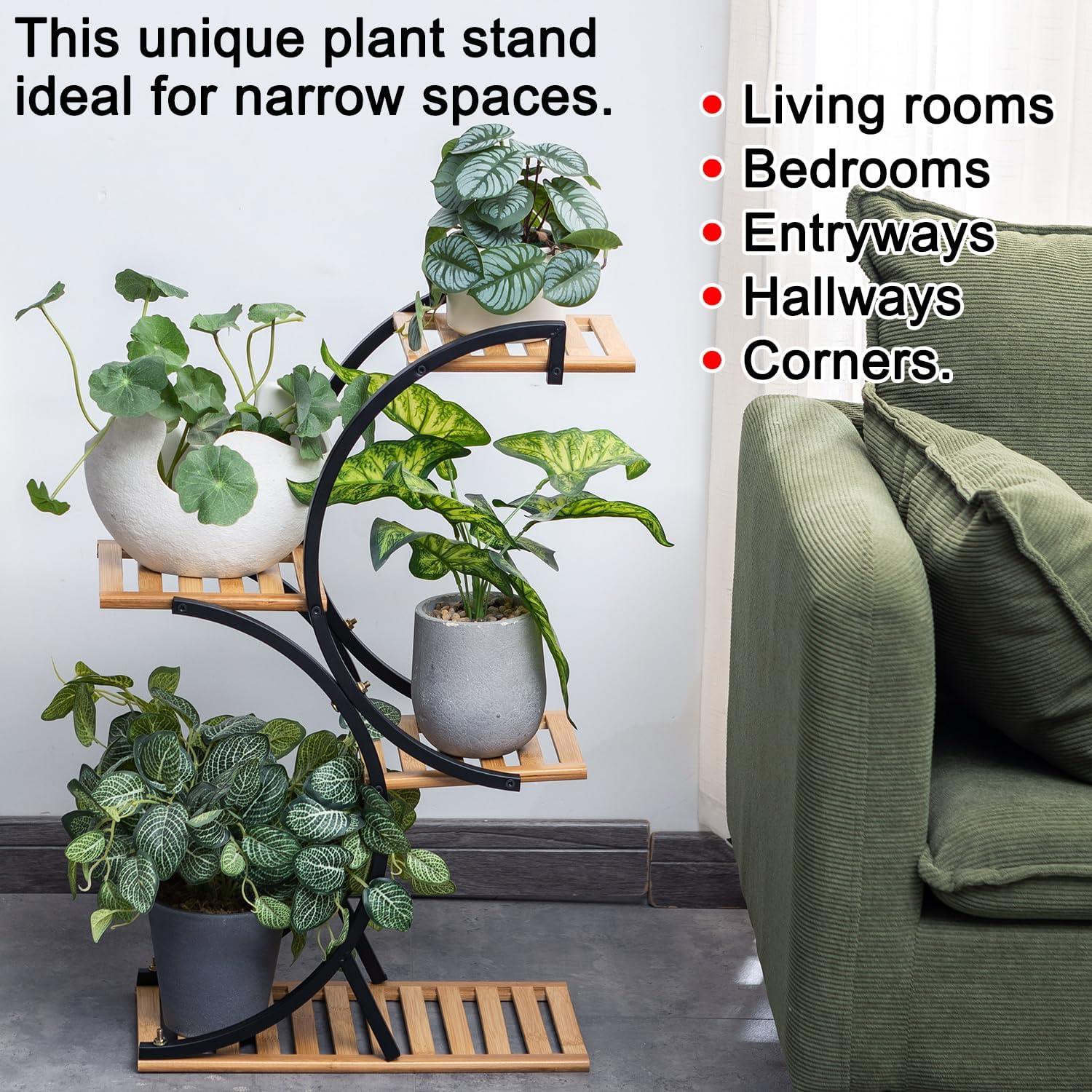 Black and Bamboo 4-Tier Indoor Outdoor Plant Stand