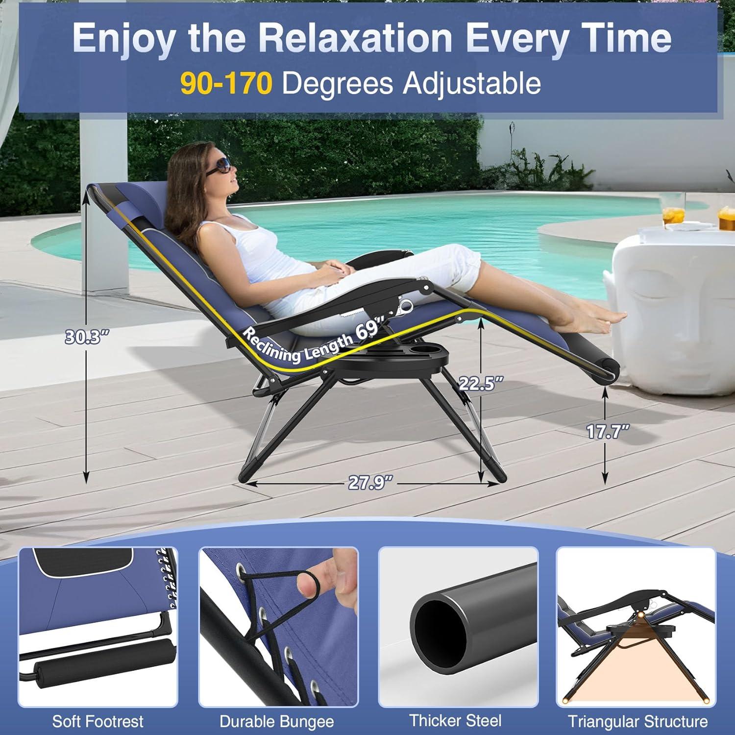 Slendor Oversized Zero Gravity Chair, 29Inch XL Padded Reclining Camping Chair with Cup Holder & Footrest, Folding Outdoor Recliner Reclining Patio Chairs, Anti Gravity Chair, Blue