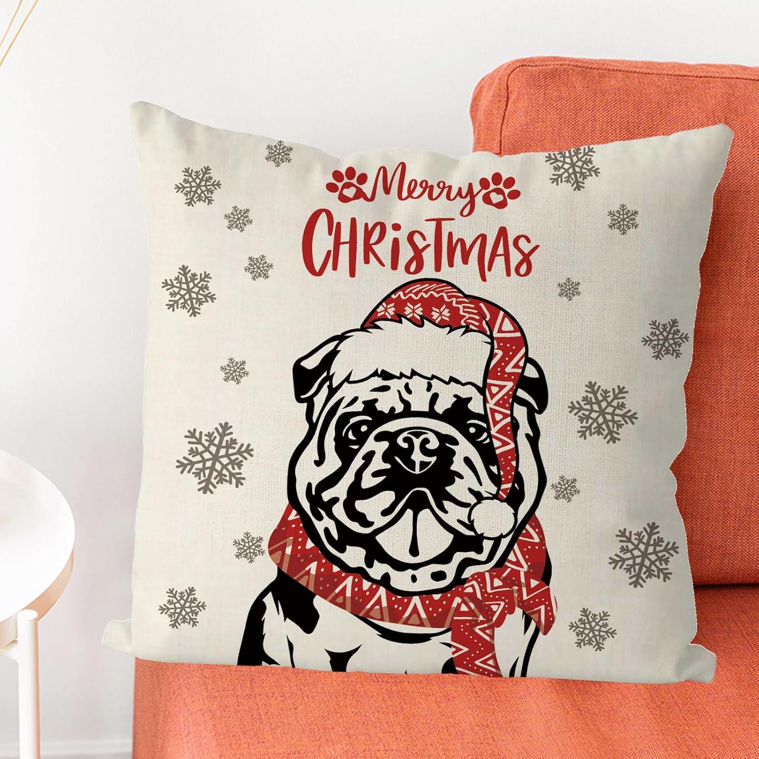 Christmas Pillow Covers 18x18 Inch English Bulldog Dog Throw Pillow Covers Xmas Winter Pillowcase Dog Christmas Decorations for Living Room Farmhouse Cushion Case