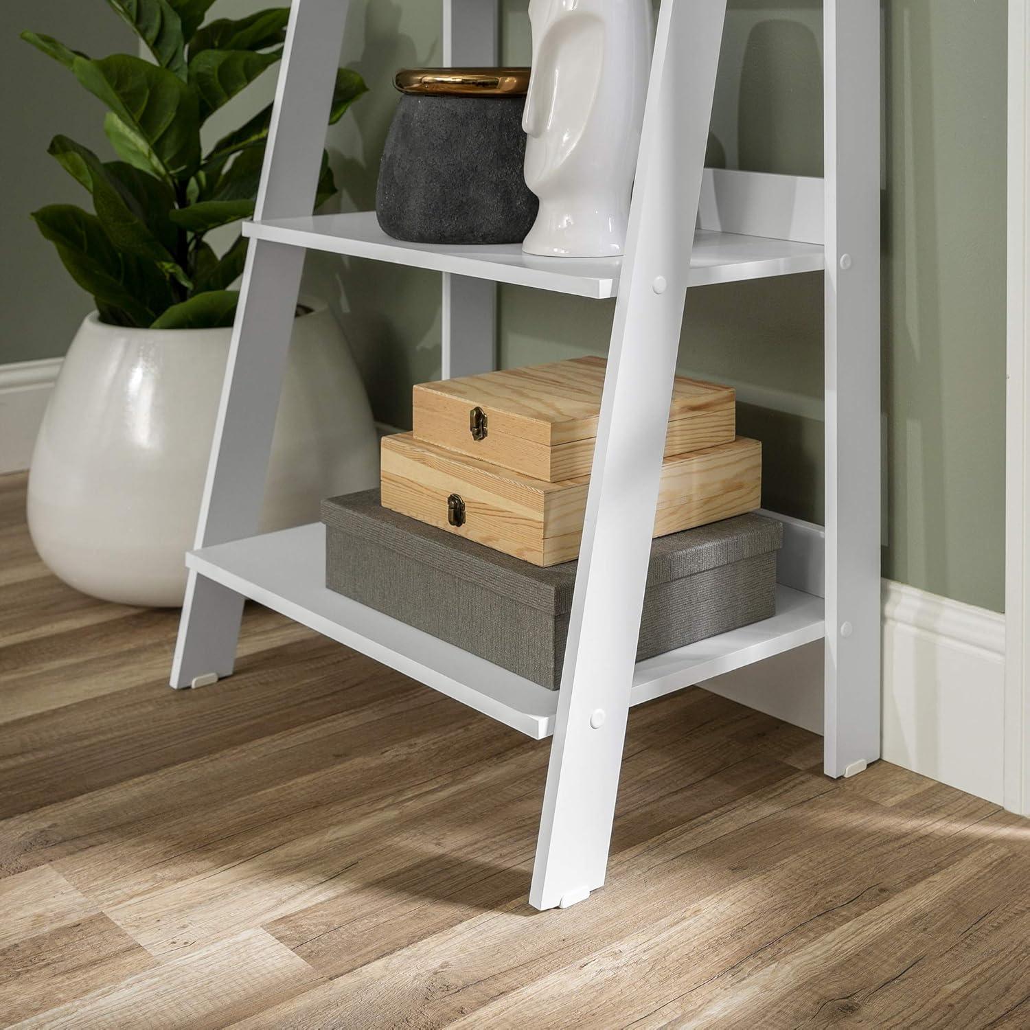 Walker Edison 4 Shelf Transitional Wood Ladder Bookcase in White