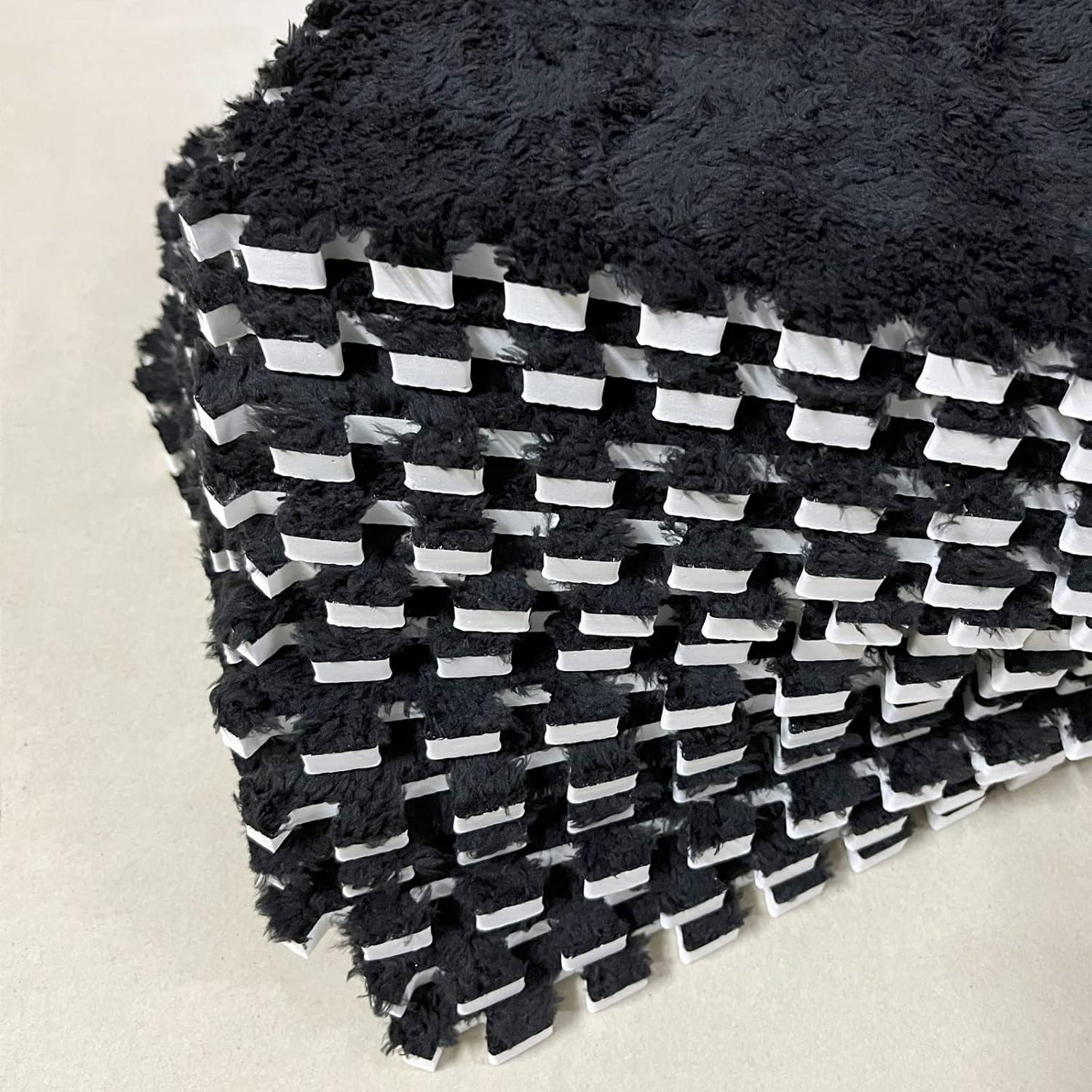 Interlocking Carpet Shaggy Soft EVA Foam Mats Fluffy Area Rugs Protective Floor Tiles Exercise Play Mat for Children Kids Room Home Parlor Bedroom (12 pcs, Black)