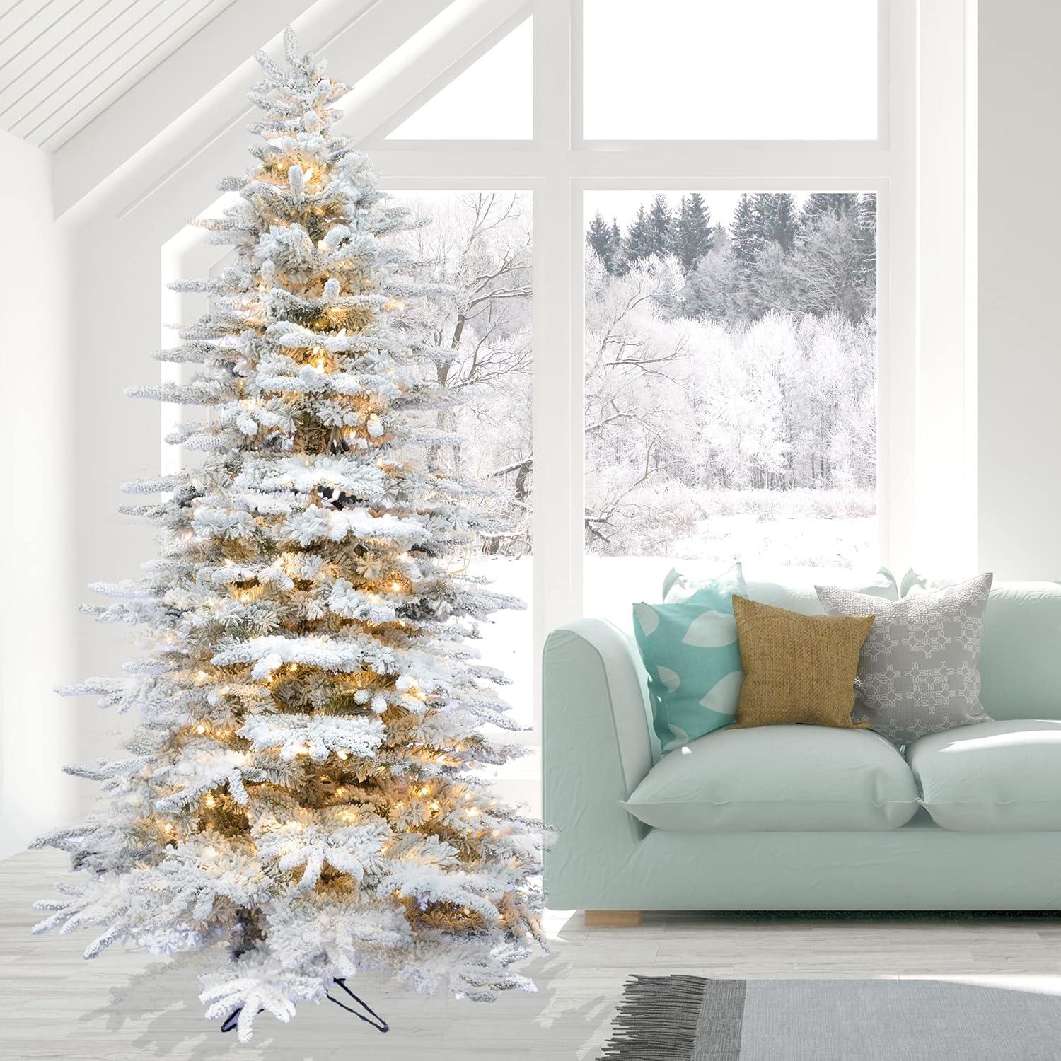 Fraser Hill Farm Flocked Mountain Pine Christmas Tree with Clear Incandescent Smart Lights