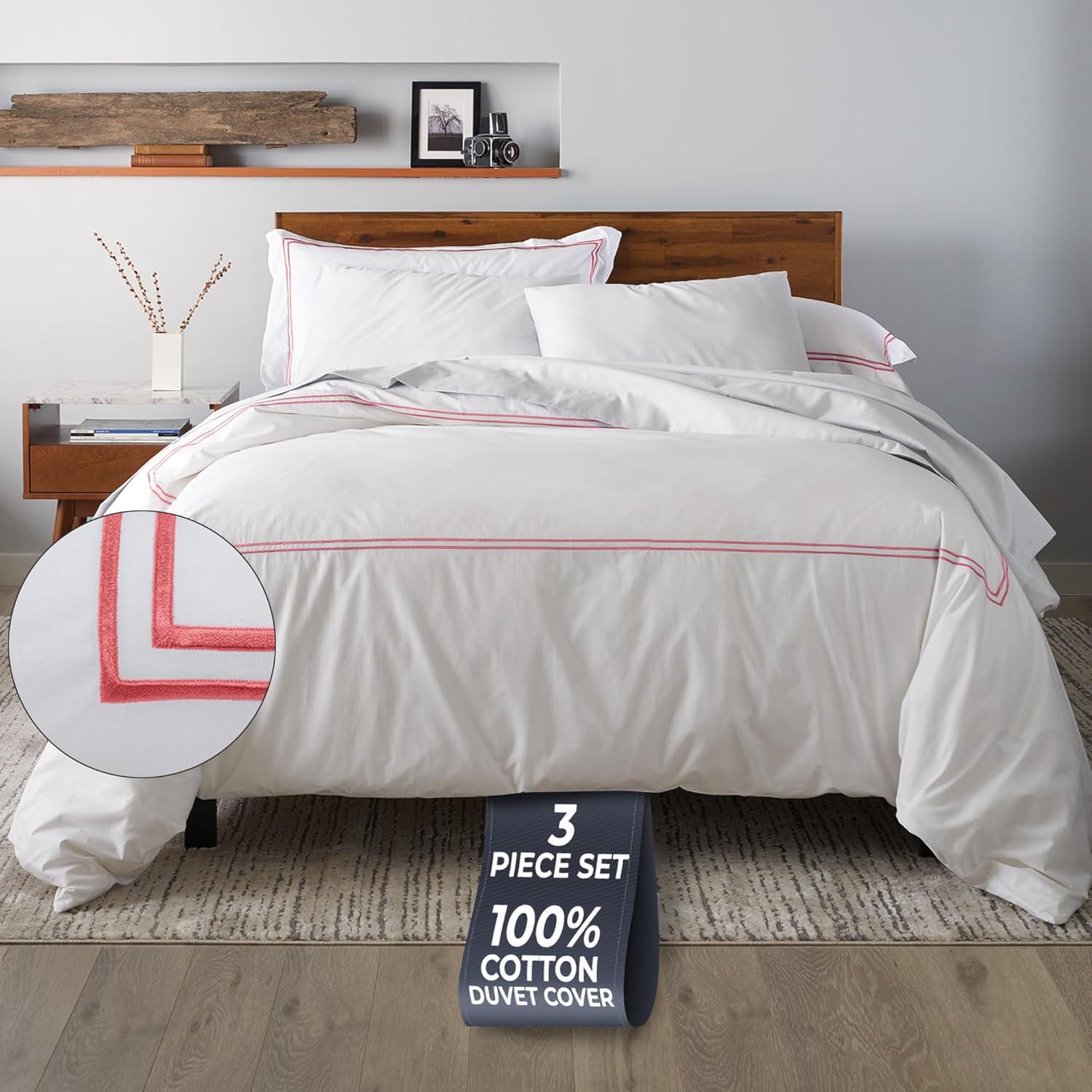 Ella Jayne 100% Cotton Percale 3 Piece Duvet Set, Full/Queen, White with Pink Satin Stitching